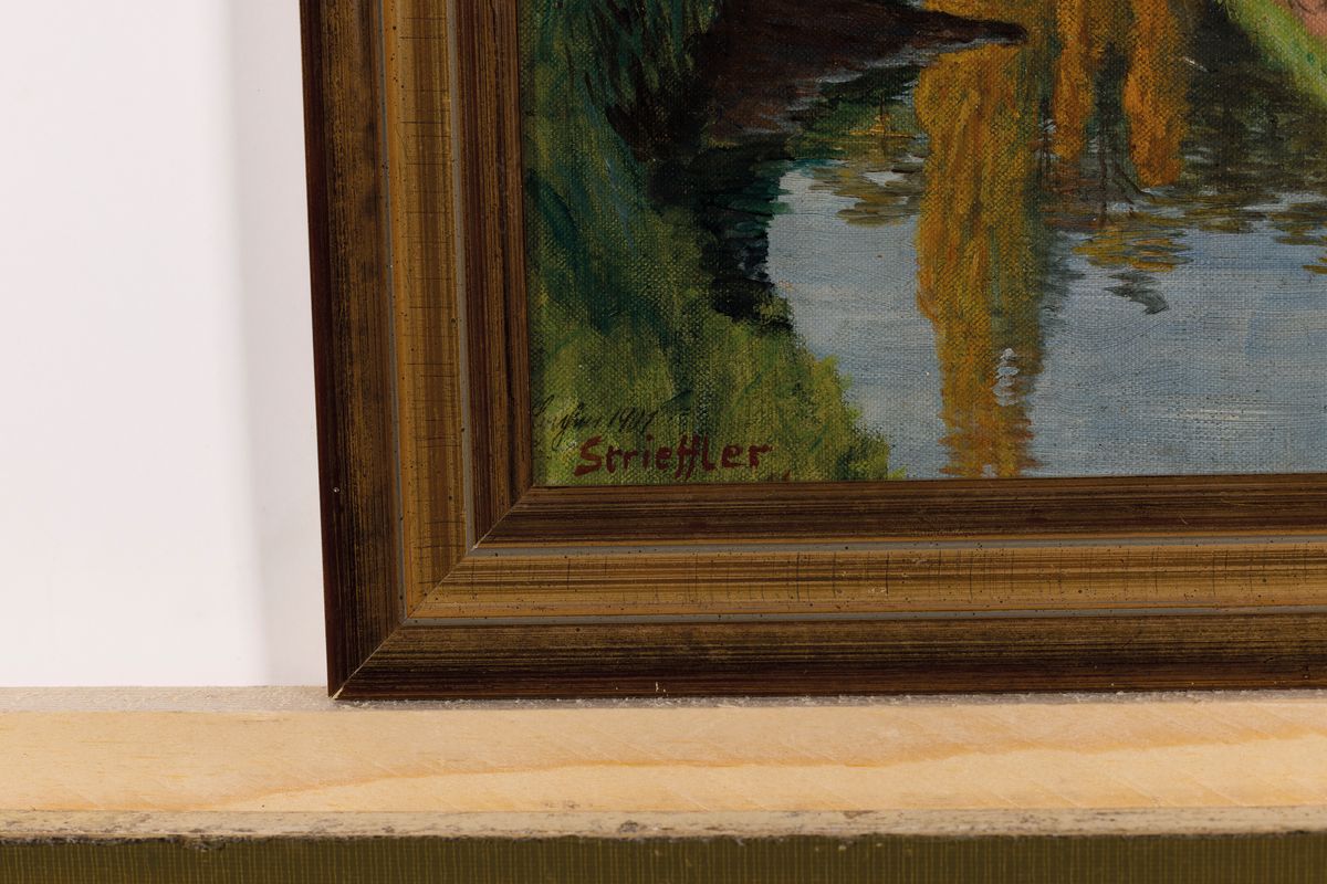 Detail a: Heinrich Strieffler, 1872 Neustadt-1949 Landau, Landschaft bei Lachen-Speyerdorf, Öl/Malkarton, feine Wasserspiegelung, reiche Varianz in den ...