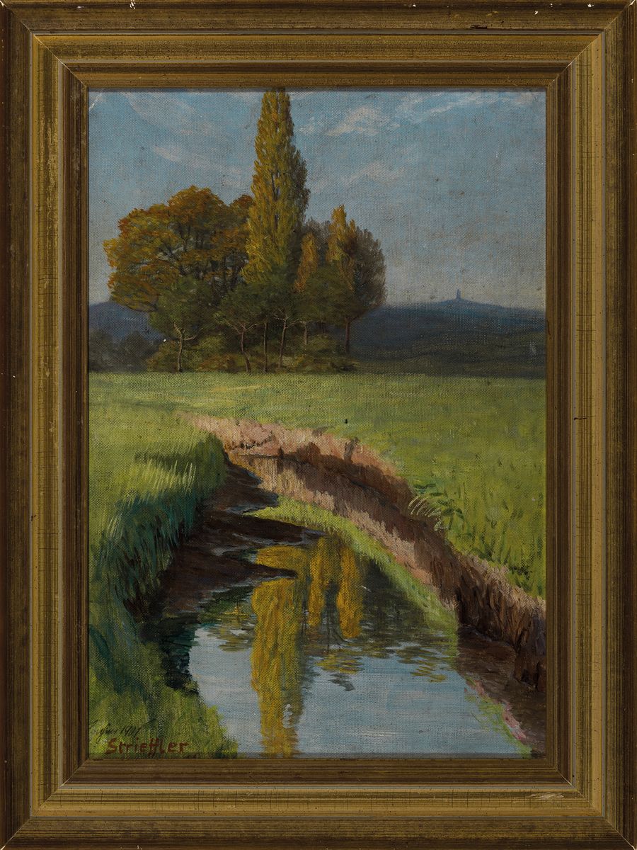 Detail k: Heinrich Strieffler, 1872 Neustadt-1949 Landau, Landschaft bei Lachen-Speyerdorf, Öl/Malkarton, feine Wasserspiegelung, reiche Varianz in den ...