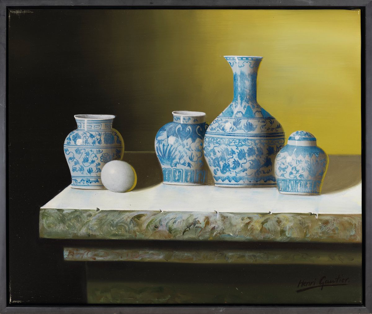 Detail k: Henri Gautier, geb. 1955 Korsika, Stillleben mit chinesischen Gefäßen in fotorealistischer Manier, Acryl/Lwd, rechts unten signiert, ca. 50x60cm, R.