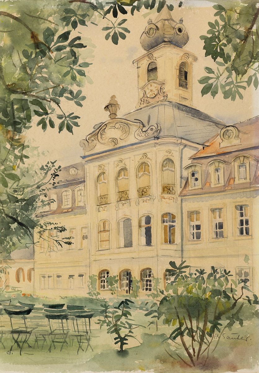 Hermann Sauter, 1891 Germersheim-1981 Landau, Blick auf ein Gebäude, Aquarell auf Papier, rechts unten signiert, ca. 37x26cm, PP, u.Gl., R. ca. ...