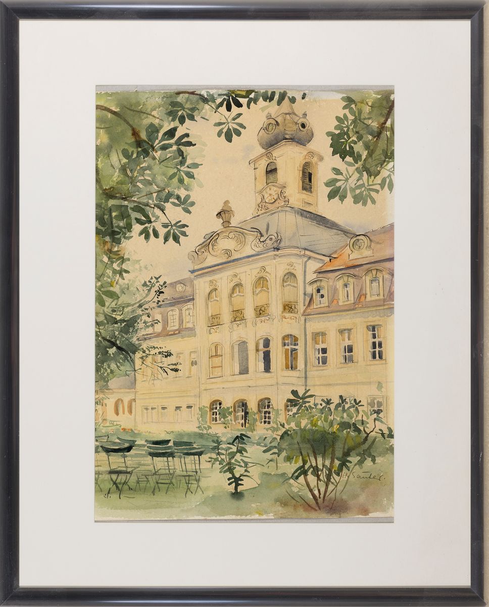 Detail k: Hermann Sauter, 1891 Germersheim-1981 Landau, Blick auf ein Gebäude, Aquarell auf Papier, rechts unten signiert, ca. 37x26cm, PP, u.Gl., R. ca. ...