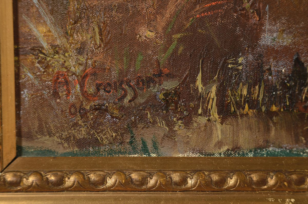 Detail a: August Croissant, 1870 Landau-1941 Edenkoben, Studium an der Akademie Nürnberg, Weiterbildung 1904-06 in München, hier: Vor dem Bauernhaus, ...