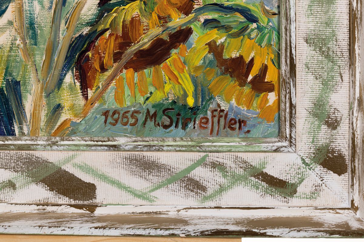Detail a: Marie Strieffler, 1917-1987 Landau, Sonnenblumen, Öl/Lwd, rechts unten signiert und dat. 1965, ca. 60x75cm, Rahmen bemalt, aber besch., ca. 71x88cm