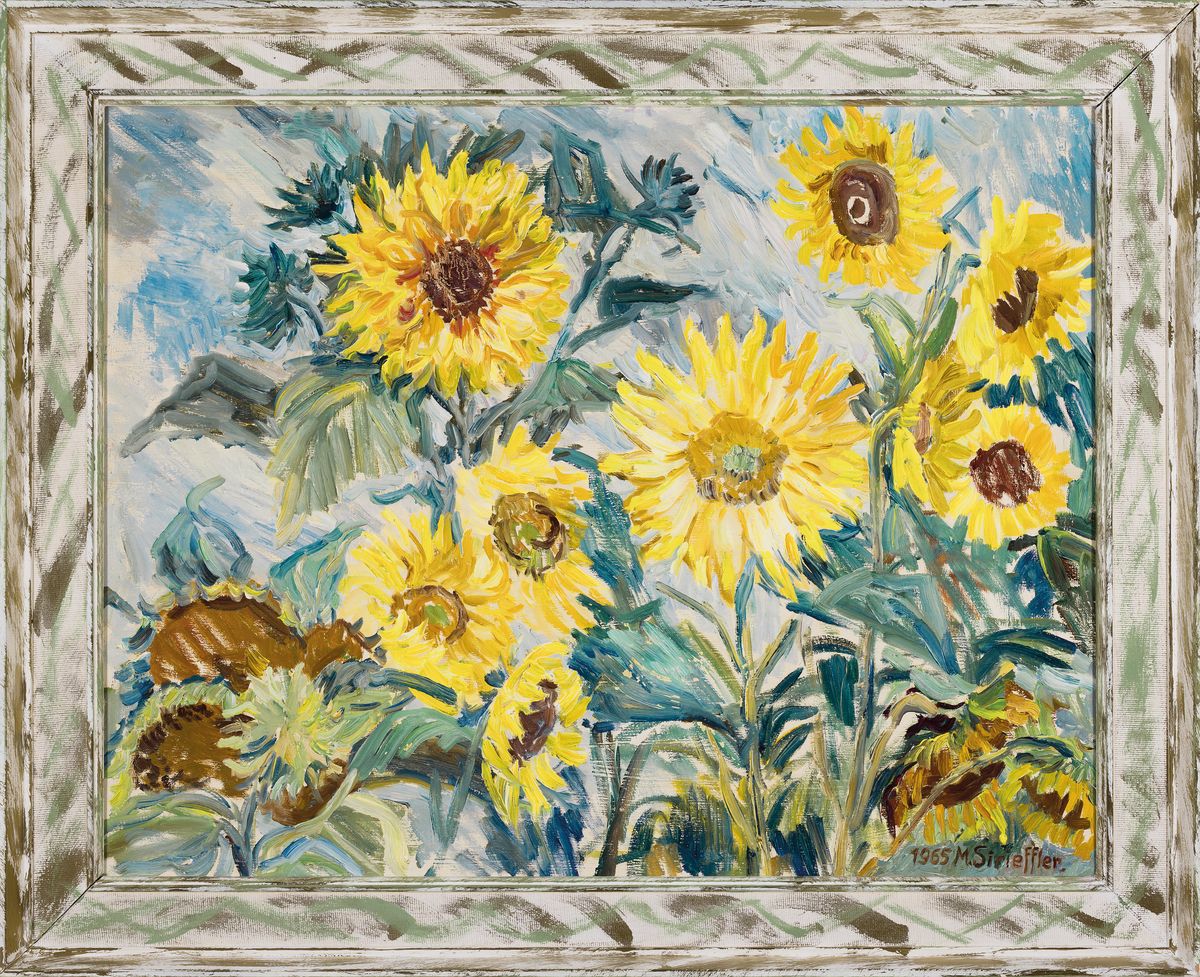 Detail k: Marie Strieffler, 1917-1987 Landau, Sonnenblumen, Öl/Lwd, rechts unten signiert und dat. 1965, ca. 60x75cm, Rahmen bemalt, aber besch., ca. 71x88cm