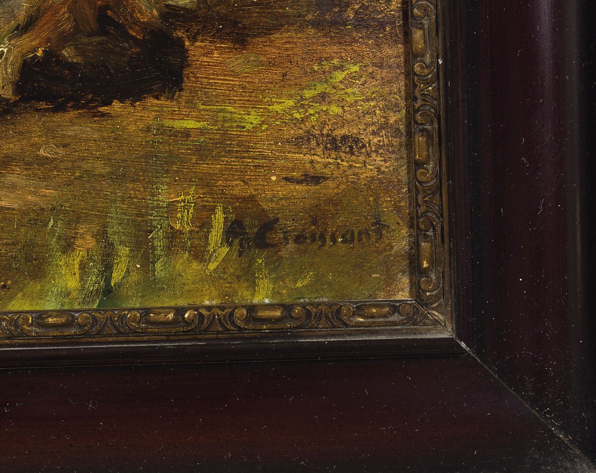 Detail a: August Croissant, 1870-1941 Landau, Mühle im Wald, Öl/Malkarton, rechts unten sign., ca. 37x67cm, R. ca. 47x78cm