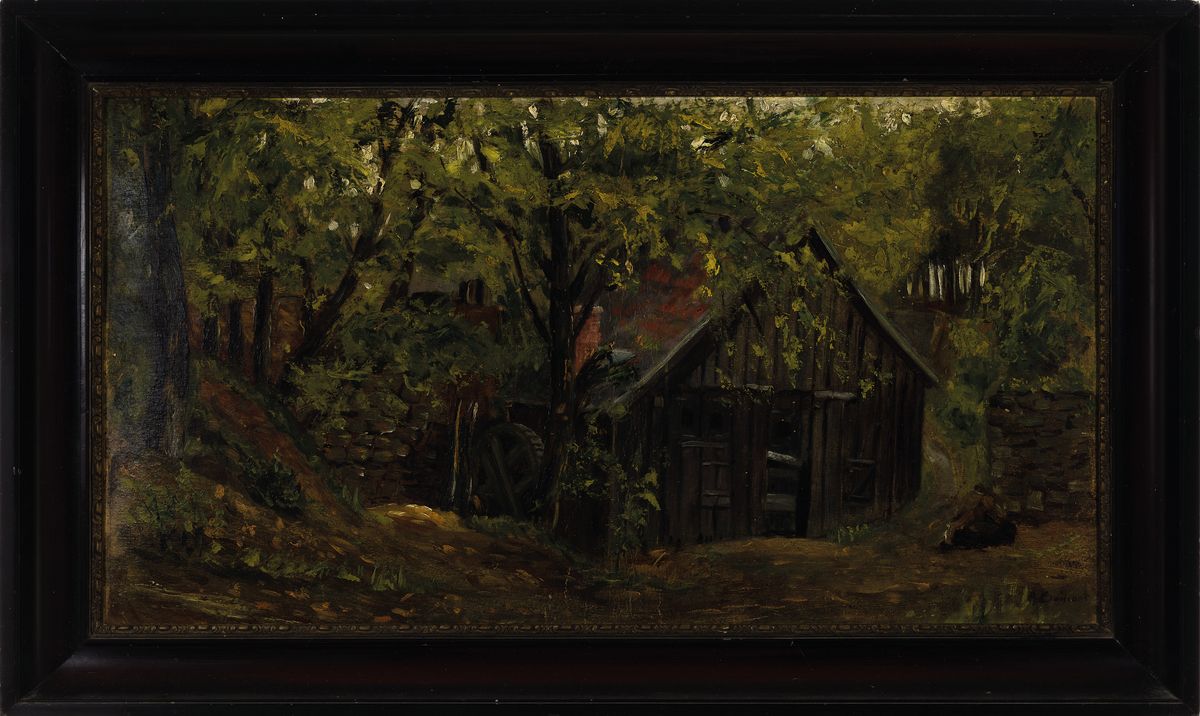 Detail k: August Croissant, 1870-1941 Landau, Mühle im Wald, Öl/Malkarton, rechts unten sign., ca. 37x67cm, R. ca. 47x78cm