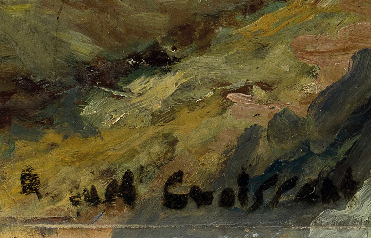 Detail a: August Croissant, 1870-1941 Landau, Getreideernte am Haardtrand, Öl/Malkarton, gewölbt, links unten signiert, ca. 42x47cm