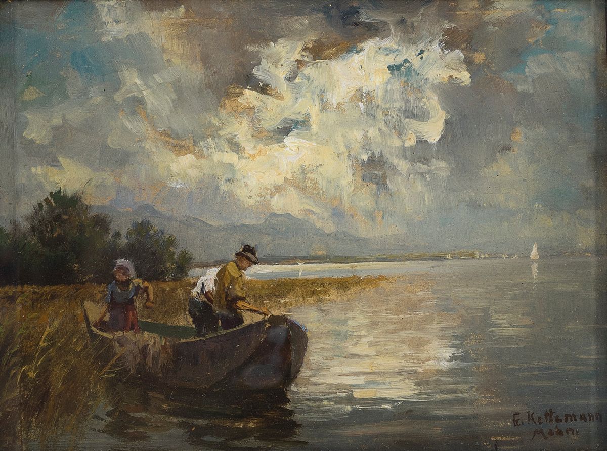 Erich Kettemann, 1897 München-1971 Tegernsee, Fischer am Seeufer, Öl/Malkarton, rechts unten signiert, ca. 11x16cm, u.Gl., R. ca. 31x35cm