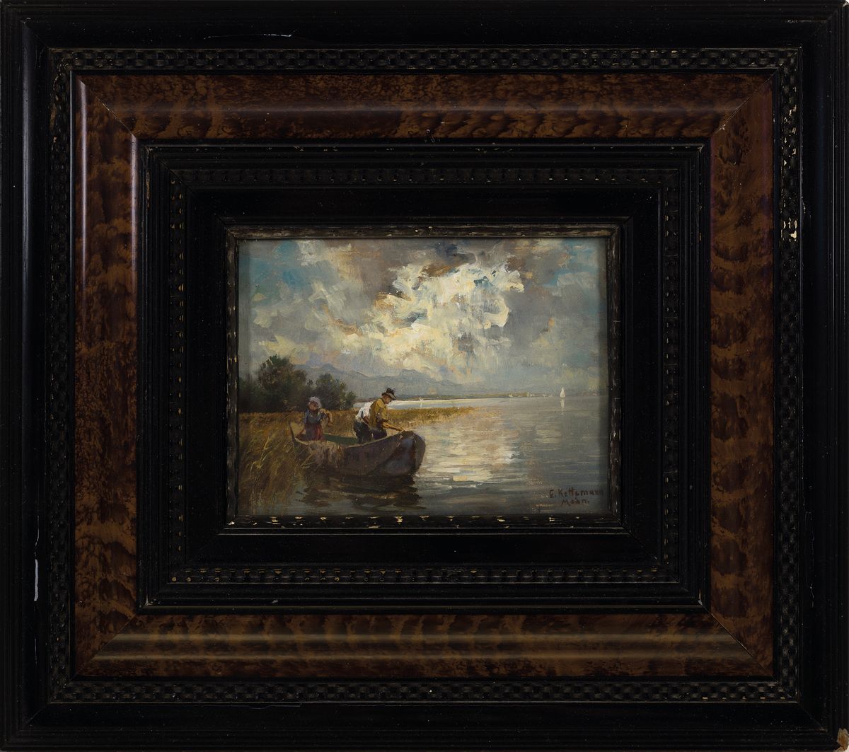 Detail k: Erich Kettemann, 1897 München-1971 Tegernsee, Fischer am Seeufer, Öl/Malkarton, rechts unten signiert, ca. 11x16cm, u.Gl., R. ca. 31x35cm