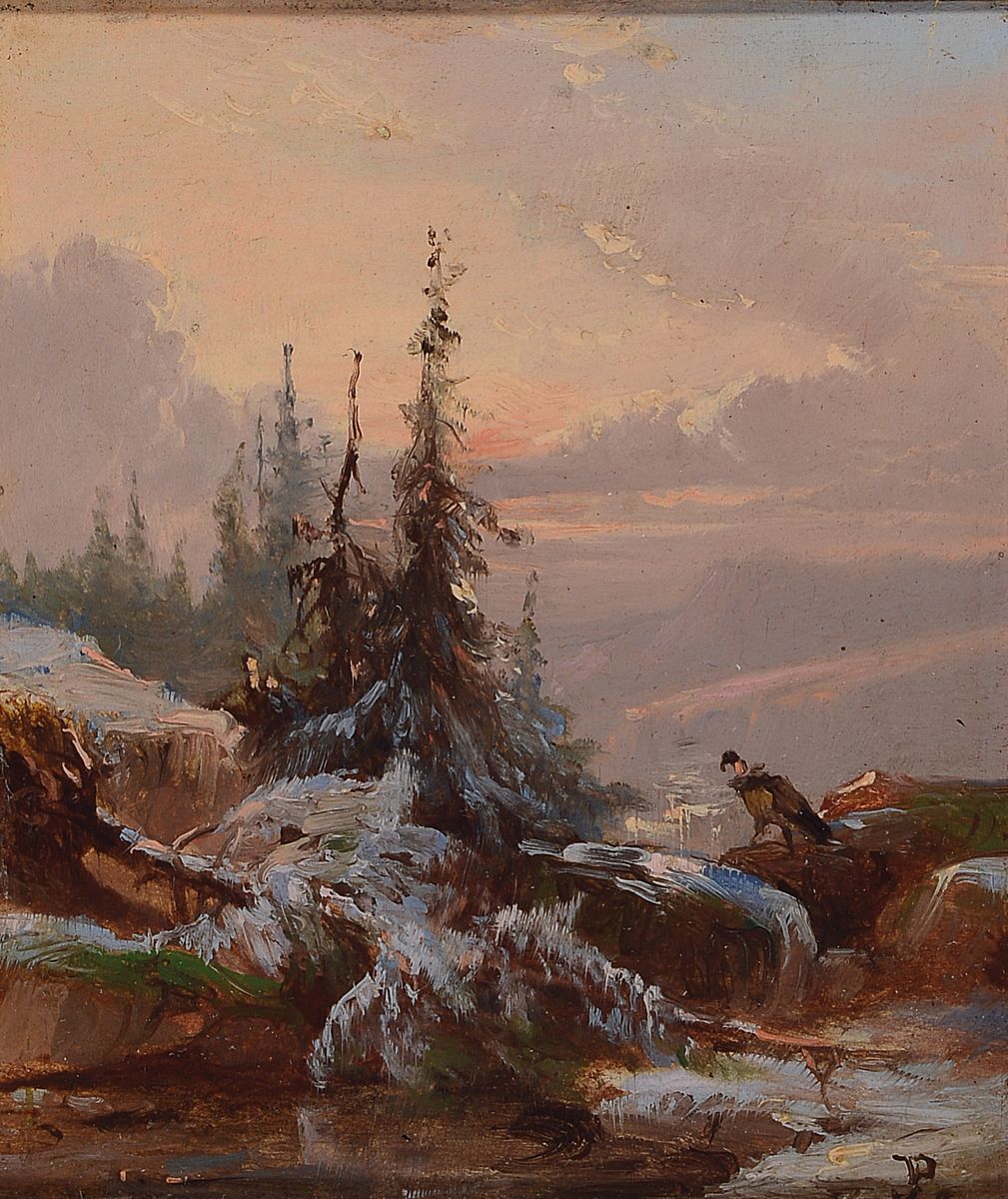 Zuschreibung: Jacobus Pelgrom, 1811-1861 Amsterdam, verschneite Gebirgslandschaft, Öl/Holz, rechts unten monogr. P., ca. 10.5x 9cm, R. ca. 19.5x18cm