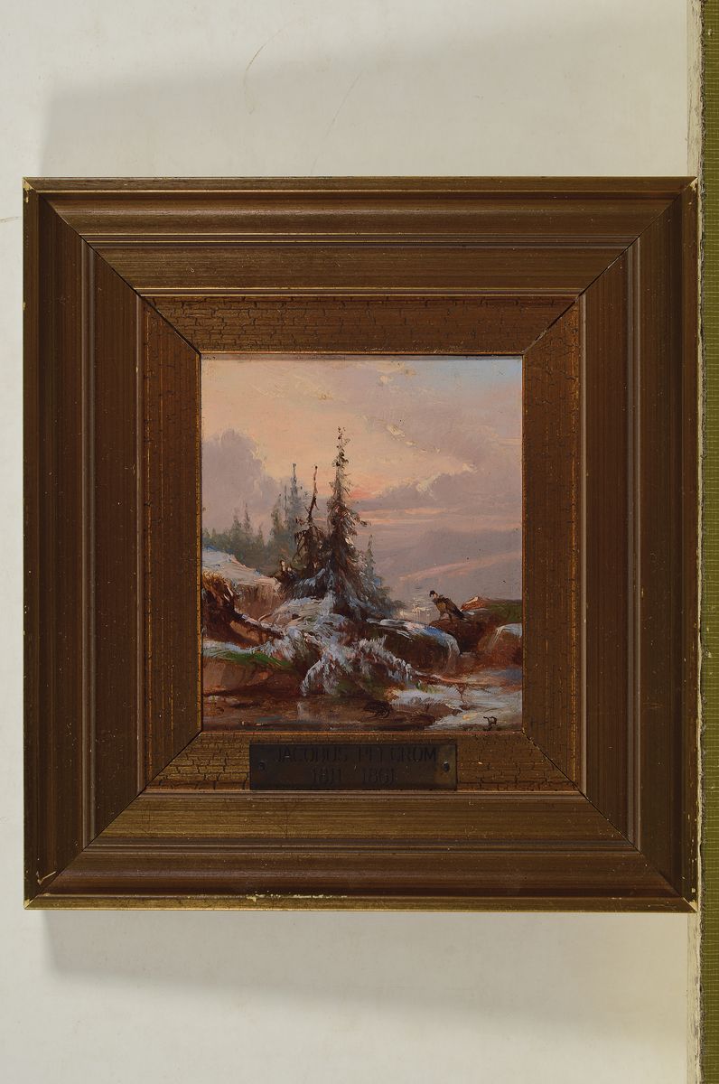 Detail k: Zuschreibung: Jacobus Pelgrom, 1811-1861 Amsterdam, verschneite Gebirgslandschaft, Öl/Holz, rechts unten monogr. P., ca. 10.5x 9cm, R. ca. 19.5x18cm