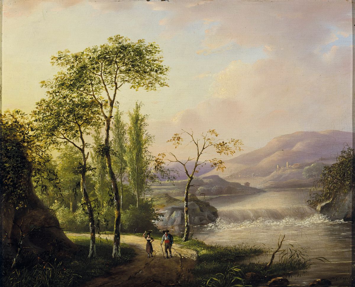 N.C. Vogel, 1787 Rotterdam-1871 Beek, Landschaft mit Wasserstufe und Spaziergängern, Öl/Holz, rechts unten signiert, ca. 24x29cm, R. ca. 42x47cm