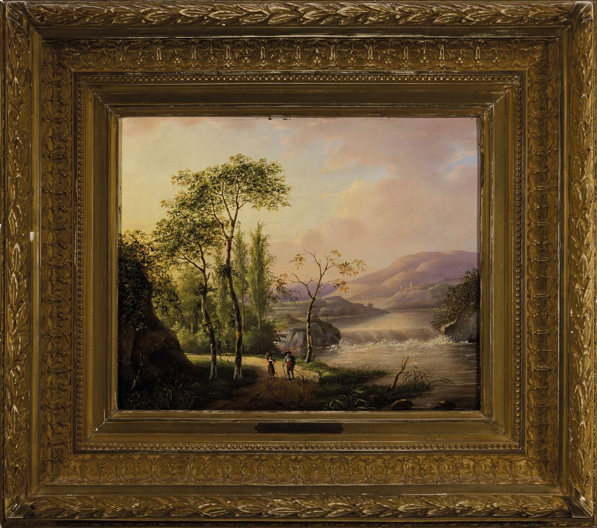 Detail k: N.C. Vogel, 1787 Rotterdam-1871 Beek, Landschaft mit Wasserstufe und Spaziergängern, Öl/Holz, rechts unten signiert, ca. 24x29cm, R. ca. 42x47cm