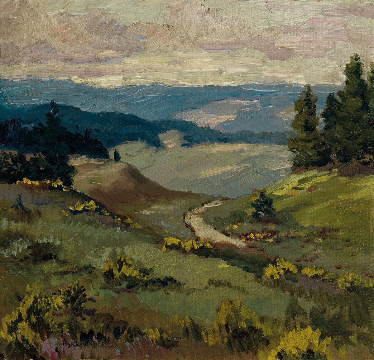 Rudolf Inden, 1897 Gmünd-1951 Rosenheim, blühender Ginster in der Eifel, Öl/Malkarton, links unten signiert, ca. 23x25cm, R. ca. 35.5x37cm