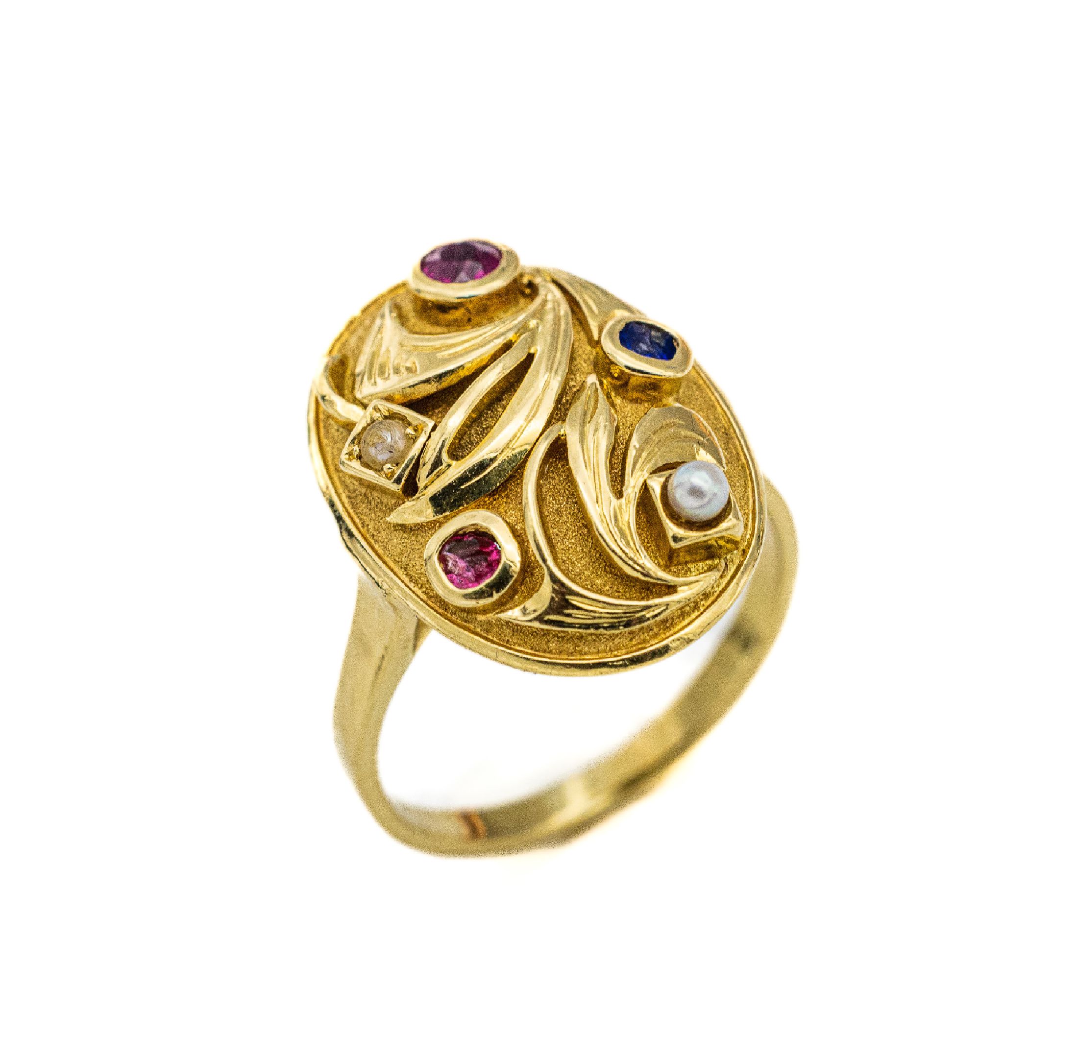 18 kt Gold Farbstein-Perlchen-Ring, deutsch um1930, Pforzheim, sogn. Gartenring, facett. Saphire und Rubine, mit aufgel. Blättern, Platte punz., RW ...
