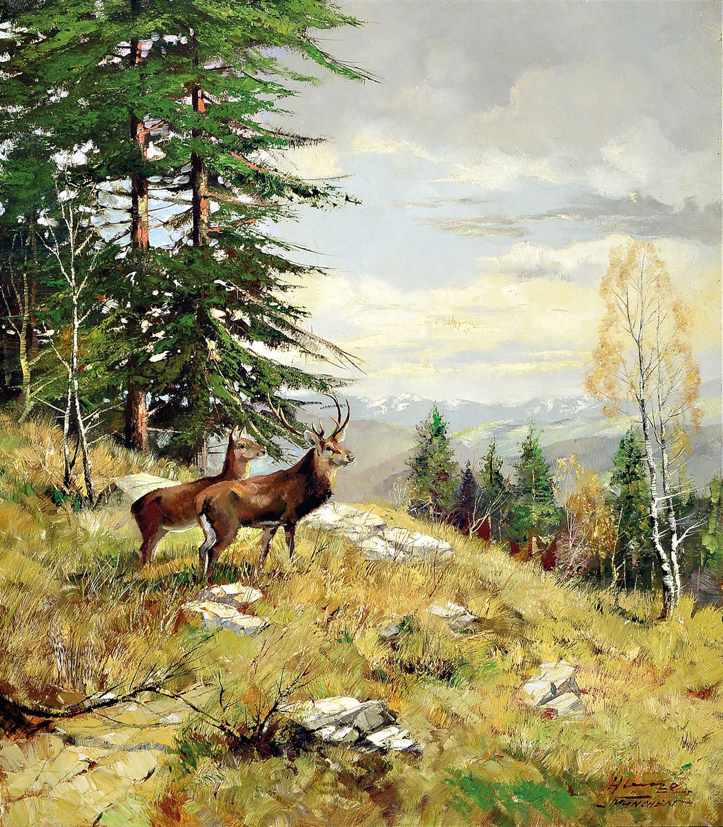 H. Lange, Münchener Schule, Mitte 20. Jh., Waldlandschaft mit Hirschen, Blick auf die Alpen, gute Tiefenperspektive, Öl/Lwd, re. u. signiert und ...
