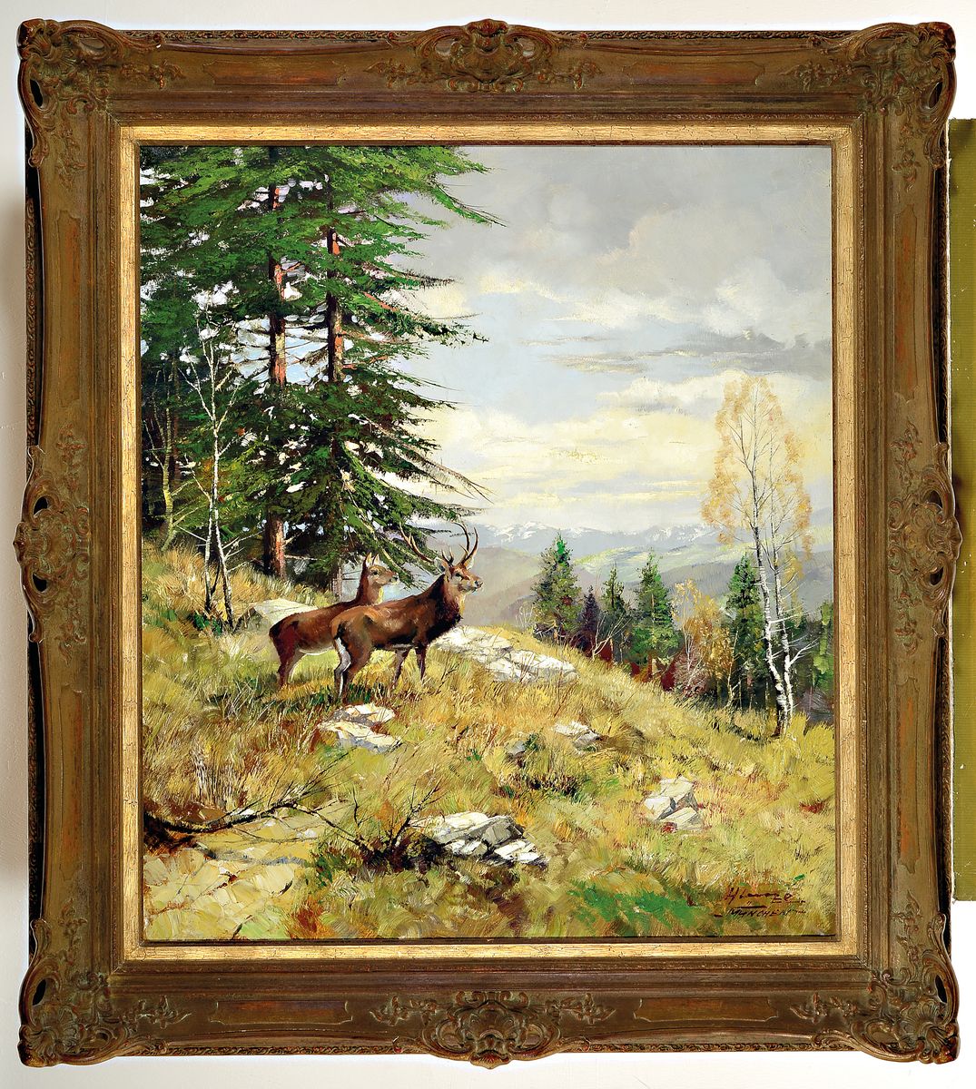 Detail k: H. Lange, Münchener Schule, Mitte 20. Jh., Waldlandschaft mit Hirschen, Blick auf die Alpen, gute Tiefenperspektive, Öl/Lwd, re. u. signiert und ...