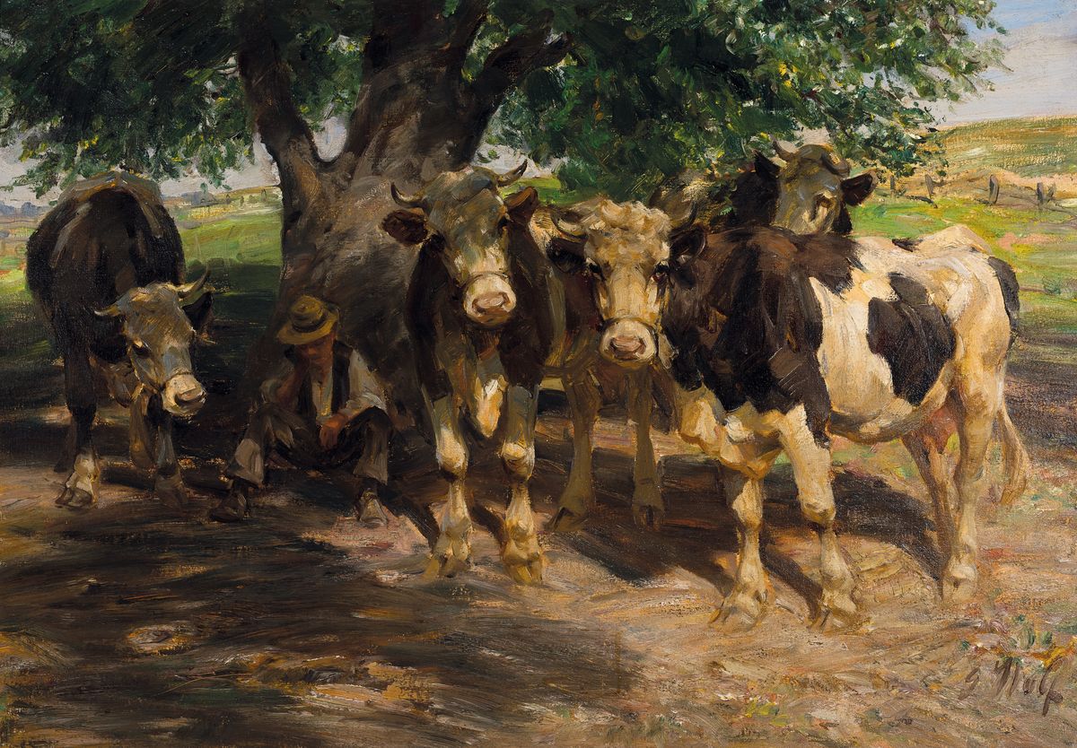 Georg Wolf, 1882 Niederhausbergen - 1962 Uelzen, rastender Bauer mit vier Rindern, Öl/Lwd, re. u. signiert, lebhaftes Spiel von Licht und Schatten, ...
