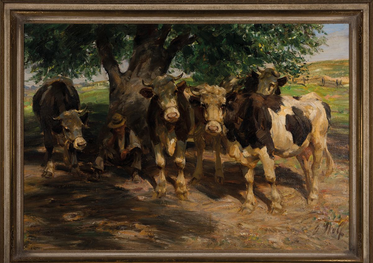 Detail k: Georg Wolf, 1882 Niederhausbergen - 1962 Uelzen, rastender Bauer mit vier Rindern, Öl/Lwd, re. u. signiert, lebhaftes Spiel von Licht und Schatten, ...