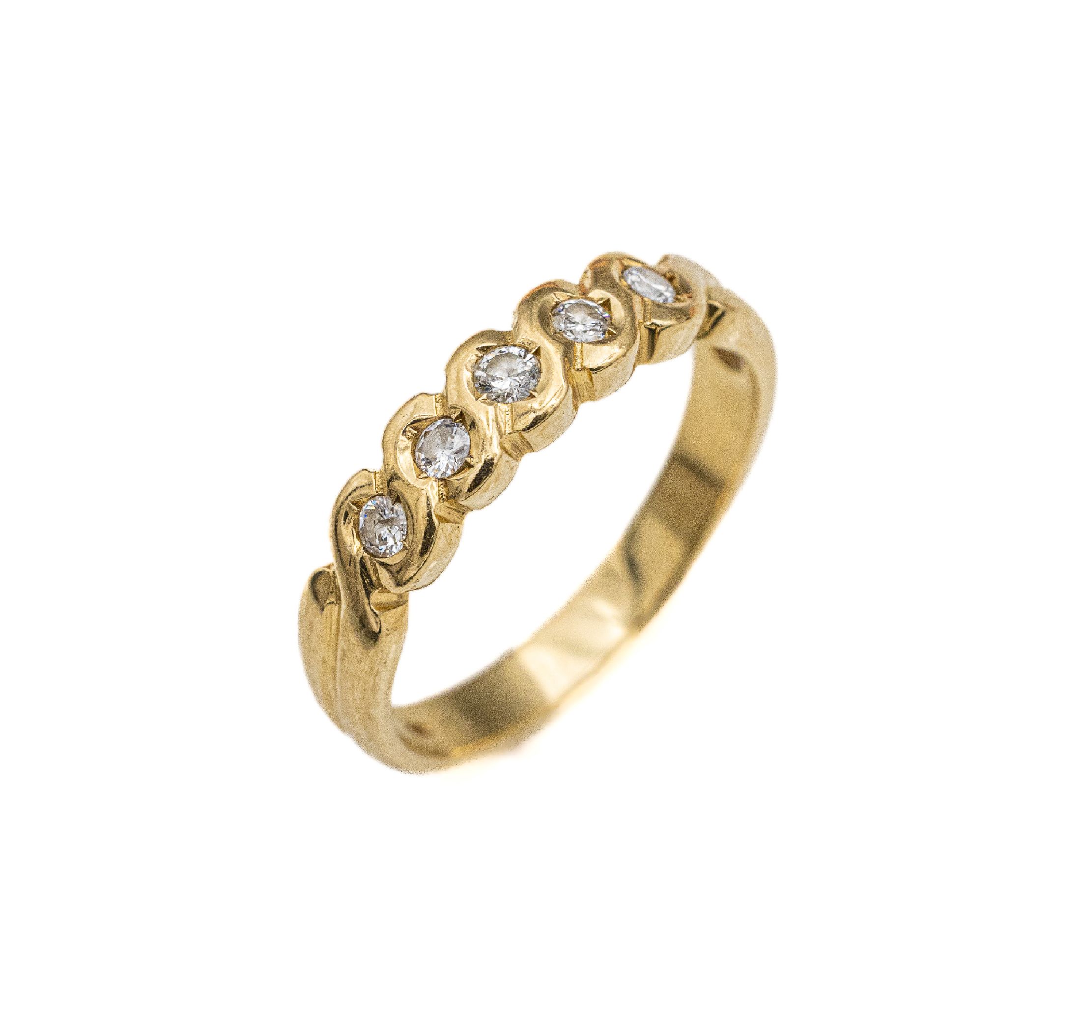 14 kt Gold Brillant-Ring, GG 585/000, 5 Brillanten zus. ca. 0.15 ct Weiß/si, RW 56, ca. 3.2 g