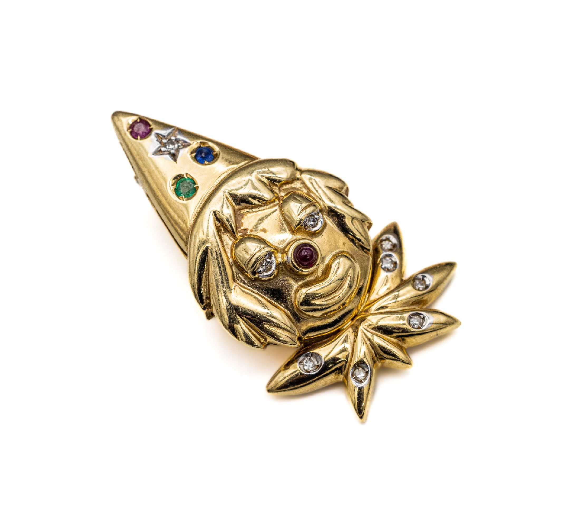 14 kt Gold Diamant-Farbstein-Clipanhänger "Clown", GG 585/000, Darstellung eines Clowns mit spitzem Hut, mit 9 kl. 8/8 -Diamanten und kl. ...
