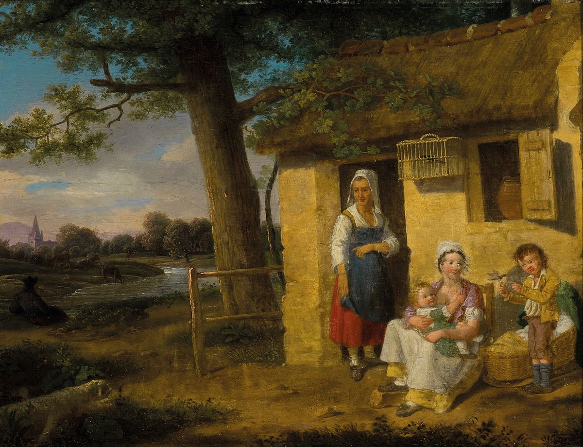 Unbekannter Künstler, um 1820/30, Mutter mit Kindern vorm Bauernhaus, Öl/Holz, unsigniert, leichte Altersschäden, rückseitig später bez. ...