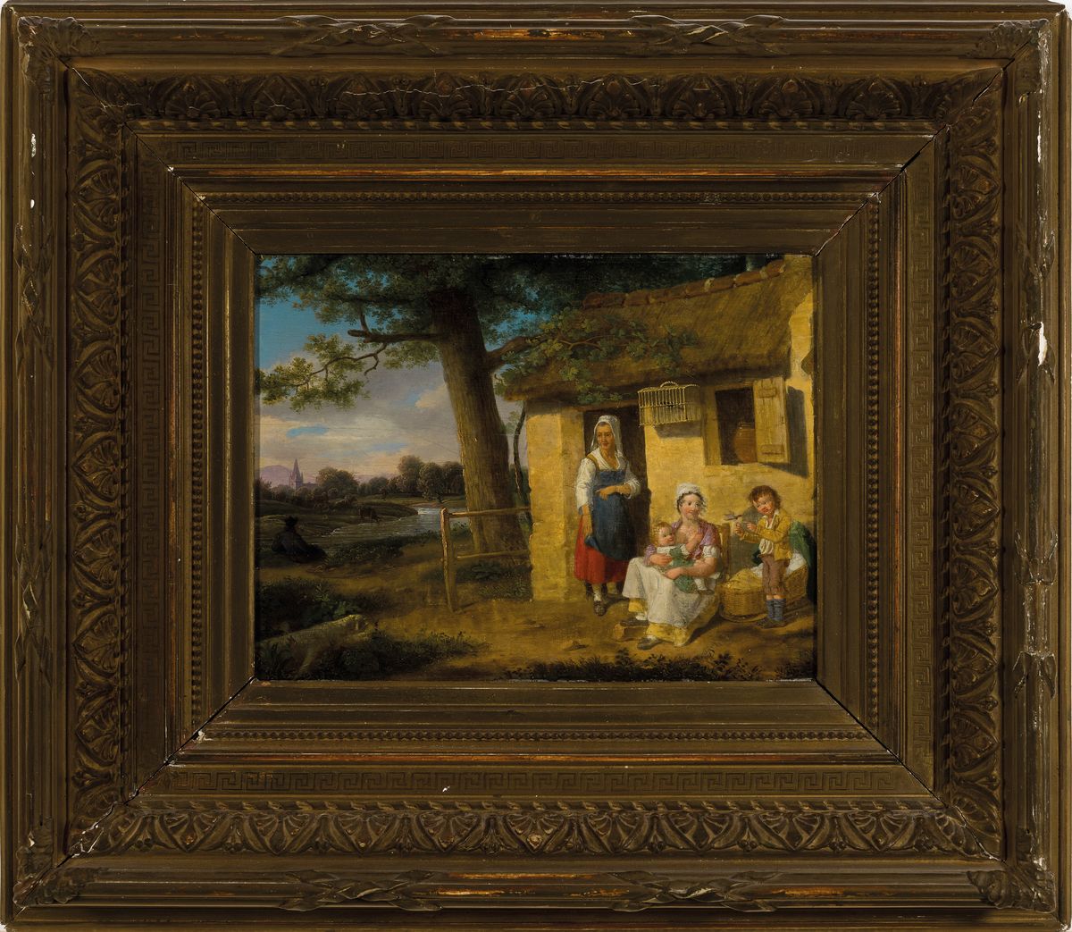 Detail k: Unbekannter Künstler, um 1820/30, Mutter mit Kindern vorm Bauernhaus, Öl/Holz, unsigniert, leichte Altersschäden, rückseitig später bez. ...
