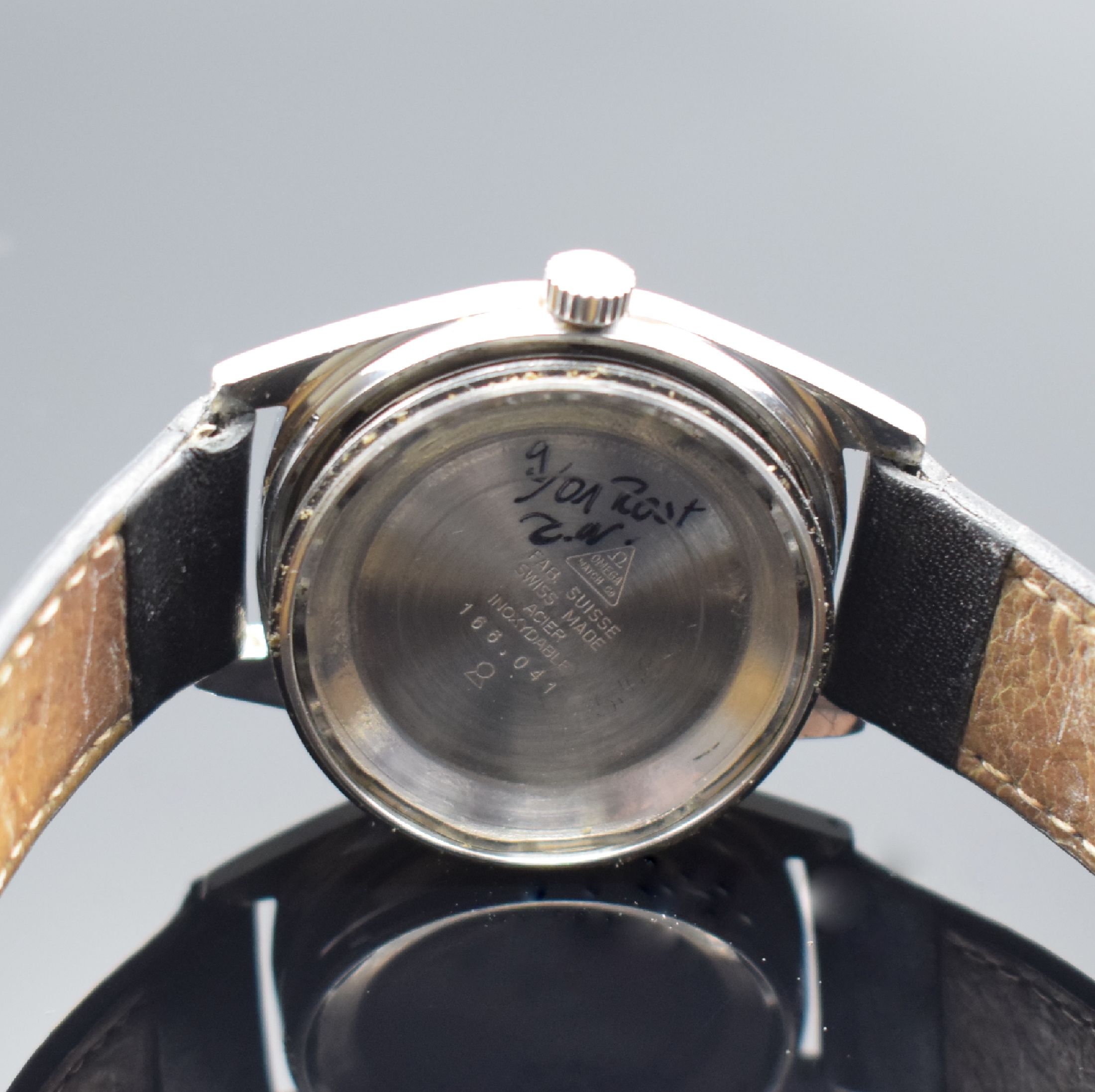 Detail f: OMEGA Geneve Herrenarmbanduhr in Stahl Referenz 166.041, Schweiz um 1969, Automatik, verschr. Geh., orig. Glas und Krone, silb. Zifferbl. pat., silb. ...