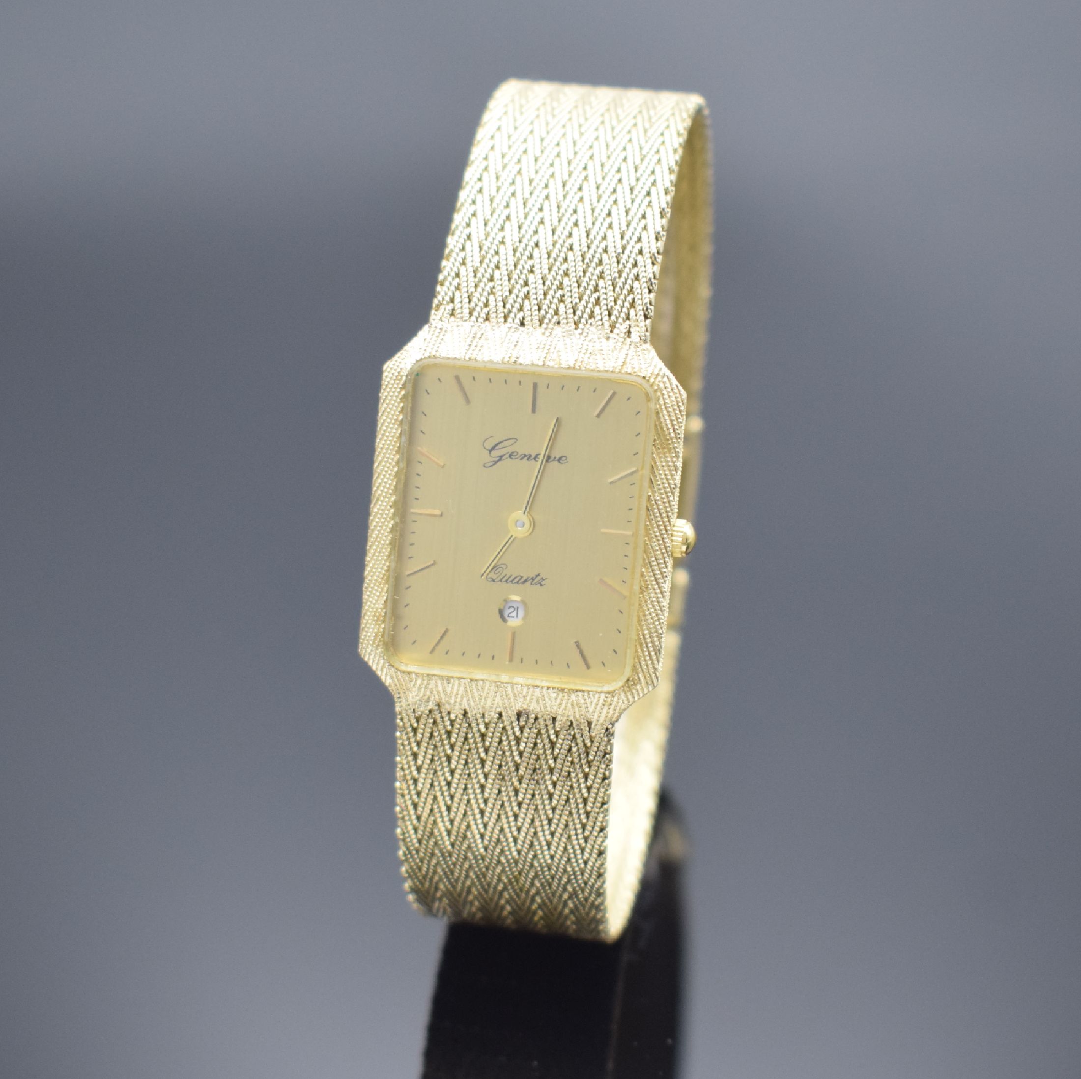 GENEVE Armbanduhr in GG 585/000, Schweiz um 1980, quarz, 2-teil. Gehäuse, Boden aufgedr., Milanaiseband, gold. Zifferbl. m. aufges. Std.-Ind., gold. ...