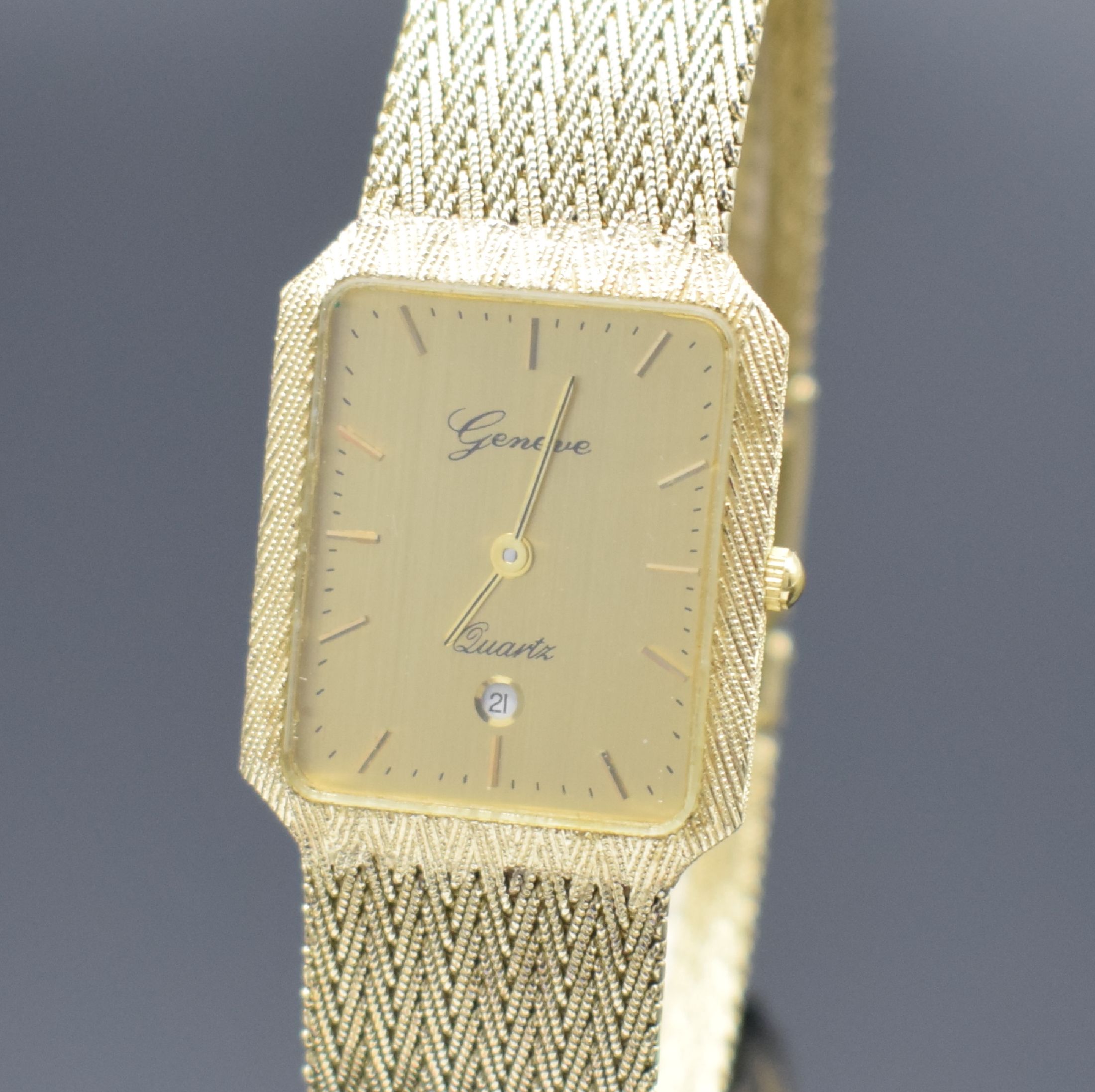Detail a: GENEVE Armbanduhr in GG 585/000, Schweiz um 1980, quarz, 2-teil. Gehäuse, Boden aufgedr., Milanaiseband, gold. Zifferbl. m. aufges. Std.-Ind., gold. ...
