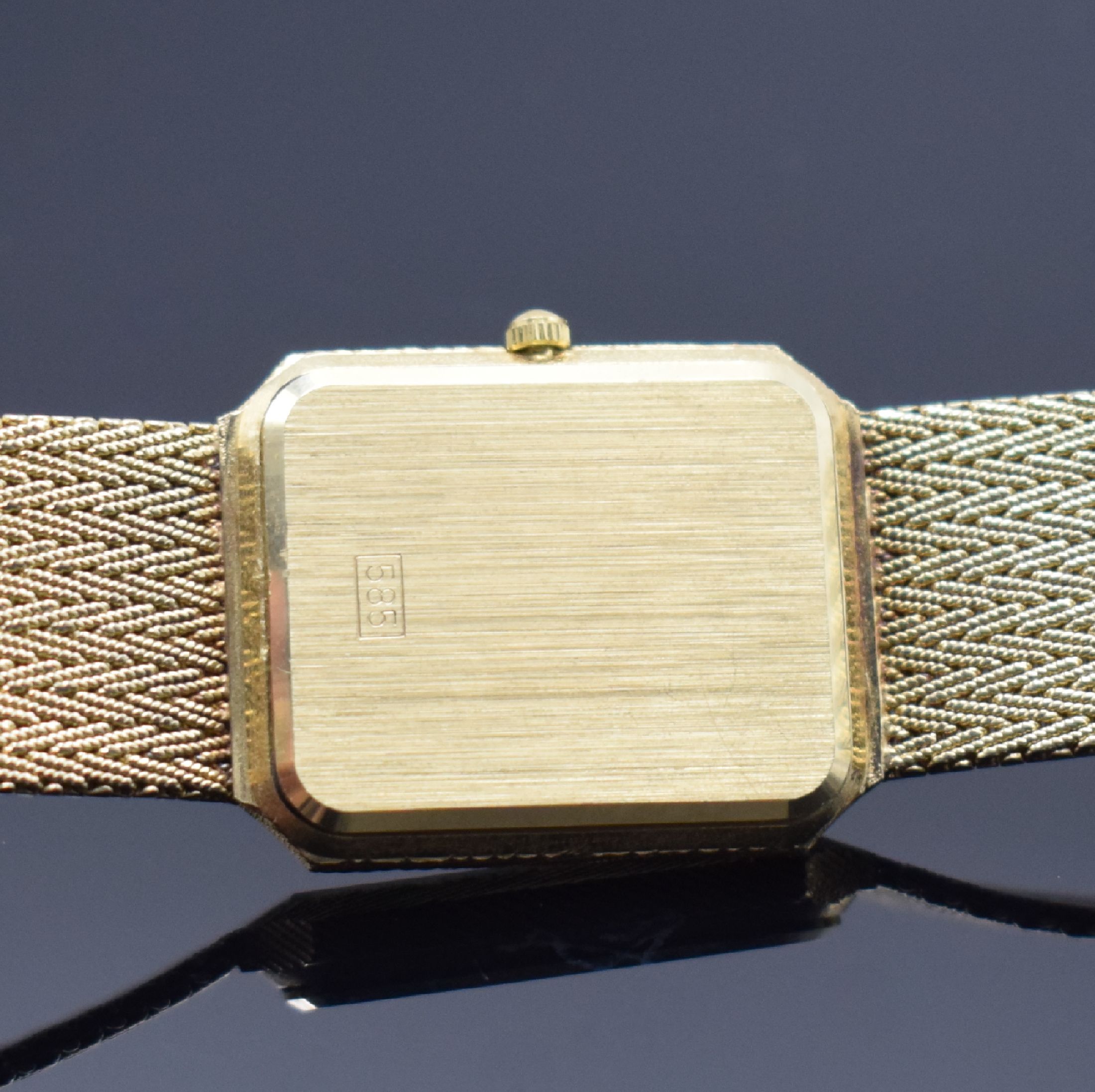 Detail d: GENEVE Armbanduhr in GG 585/000, Schweiz um 1980, quarz, 2-teil. Gehäuse, Boden aufgedr., Milanaiseband, gold. Zifferbl. m. aufges. Std.-Ind., gold. ...