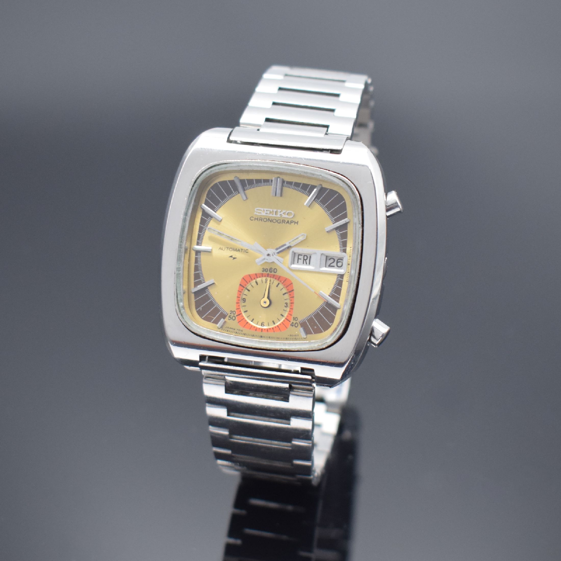 SEIKO seltener Flyback-Chronograph mit Stunden- und Minutenzähler bei 6 Referenz 7016-5011, Japan um 1975, Automatik, Stahl- Stülpgeh., Seiko ...