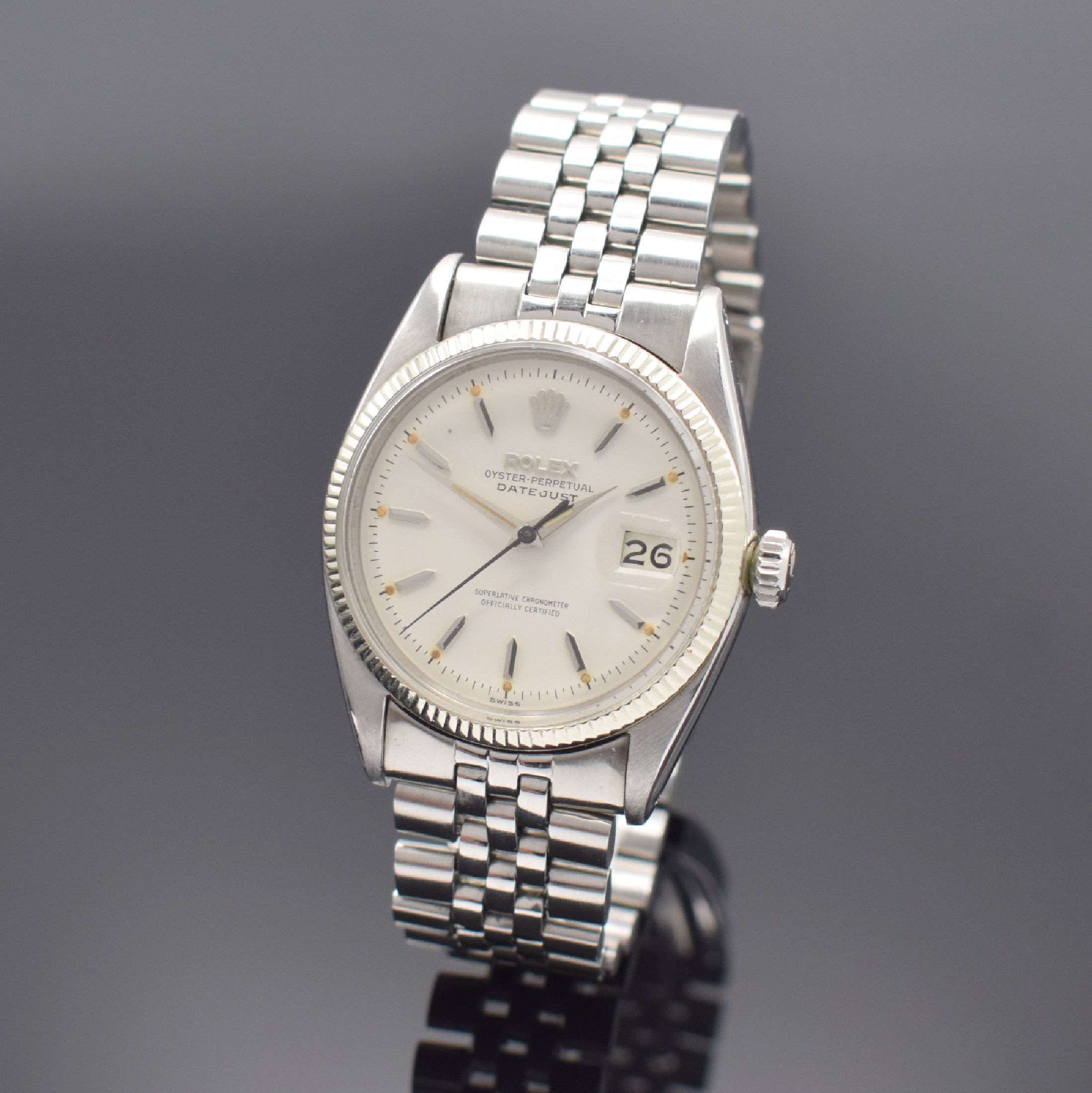ROLEX Datejust seltene frühe Herrenarmbanduhr Referenz 6605, Automatik, Schweiz 1. Quartal 1957 lt. Bodenstempel, verschr. Stahlgehäuse, Lünette ...