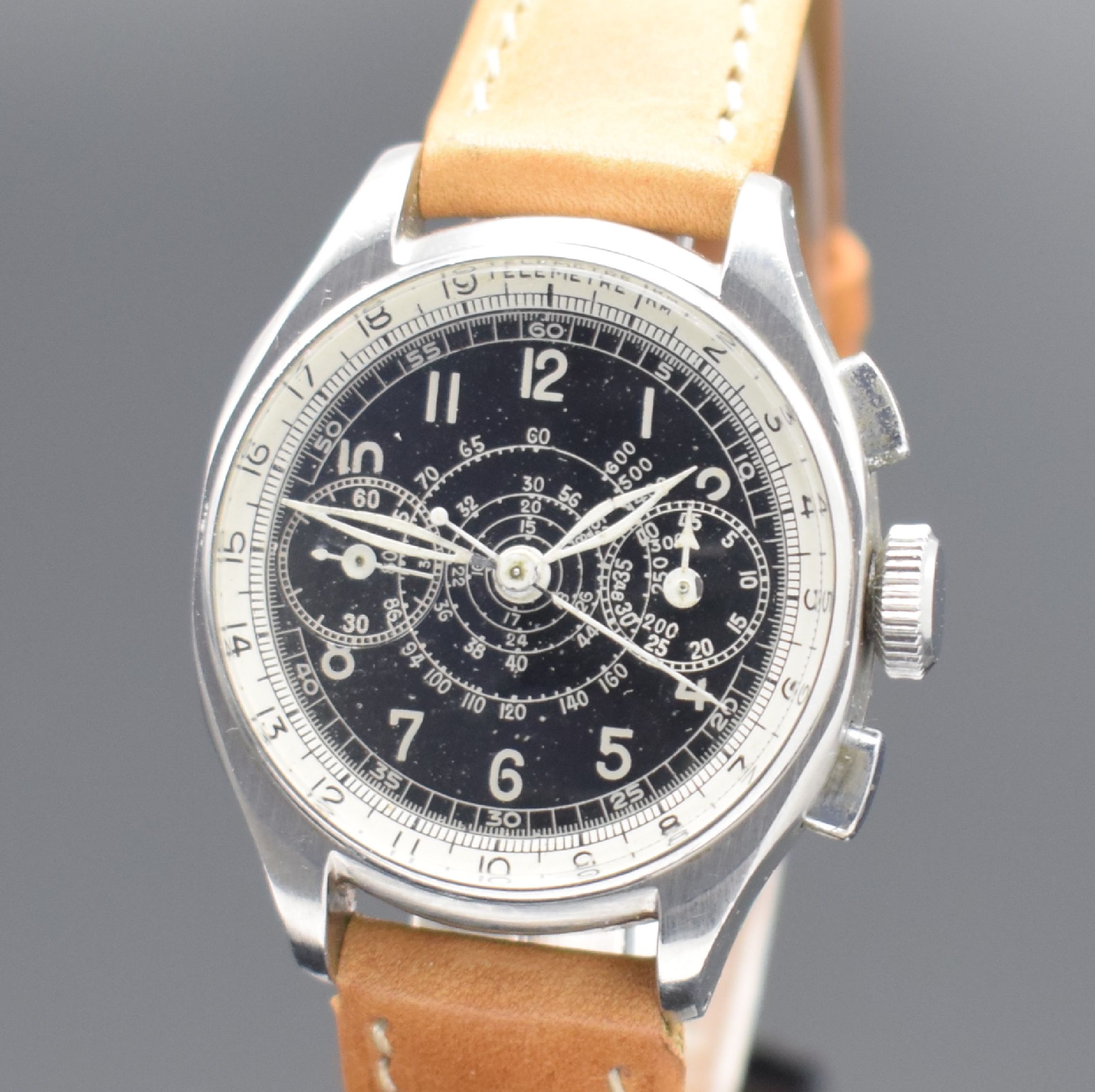 Detail a: EXCELSIOR PARK Kaliber 42 seltener Chronograph mit Formwerk in Stahl, Schweiz um 1940, Handaufzug, 2-tlg. Geh., Boden aufgedr., schwarzes ...