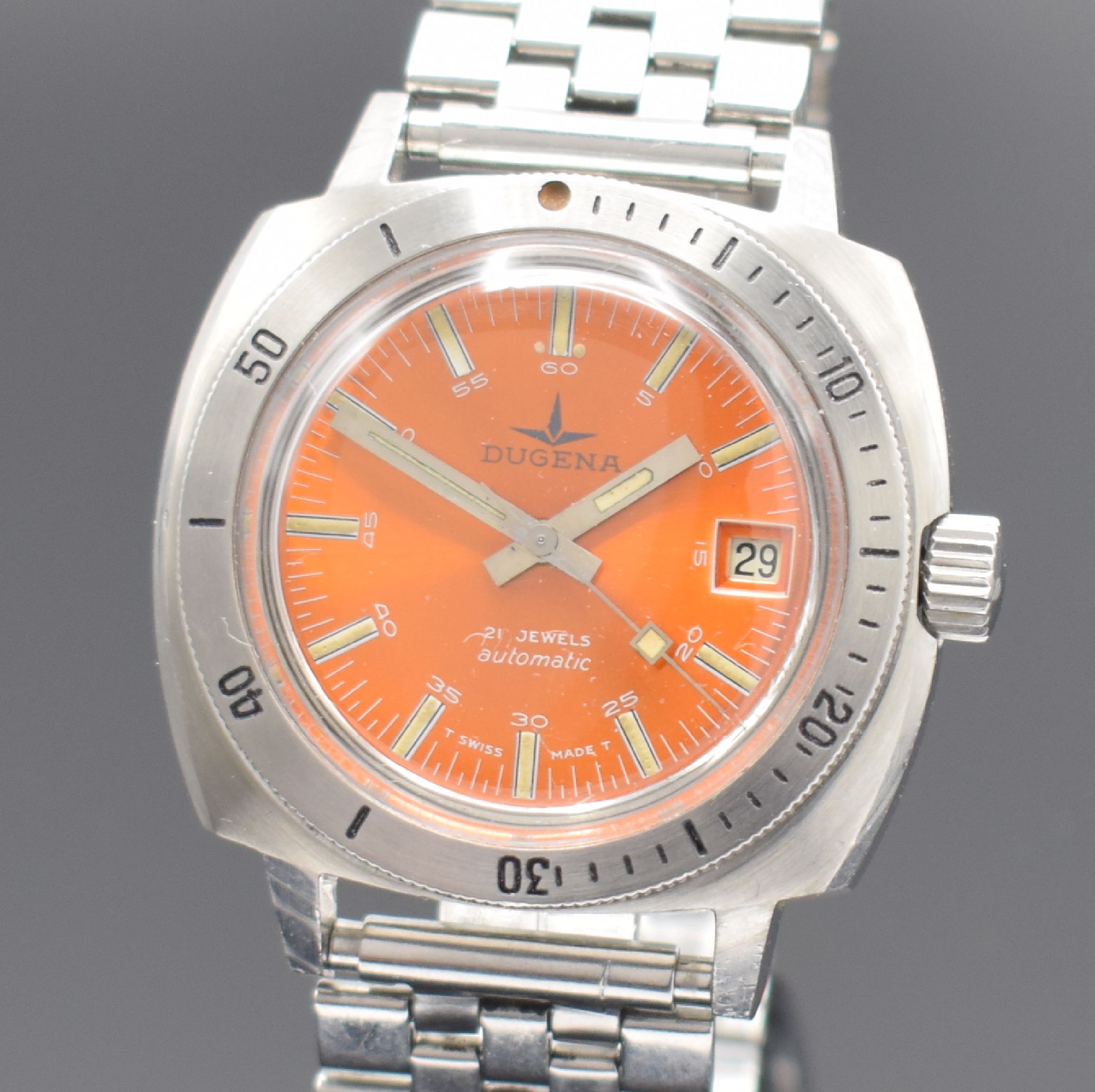 Detail a: DUGENA Submersible 666 Feet ausgefallene und seltene Taucheruhr in Stahl Referenz 61156, Schweiz um 1970, Automatik, verschr. Geh., neutr. Stahlband, ...