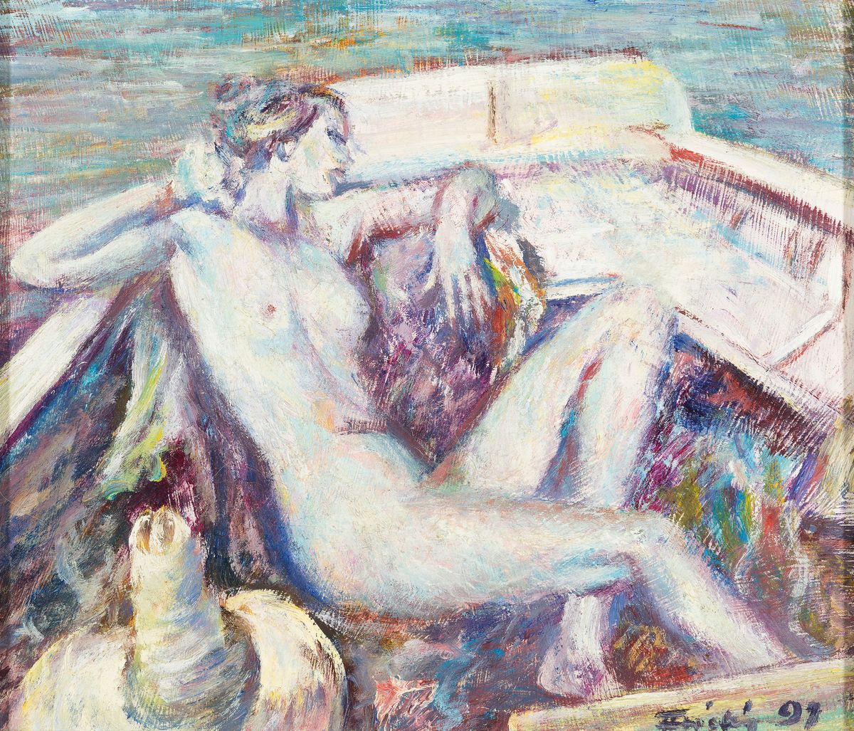 Florian Frieling, 1939 Leverkusen-1994 Deidesheim, pfälzer Künstler der klassischenModerne, 1969 Nancy-Preis, weiblicher Akt im Boot, Öl/Platte, ...