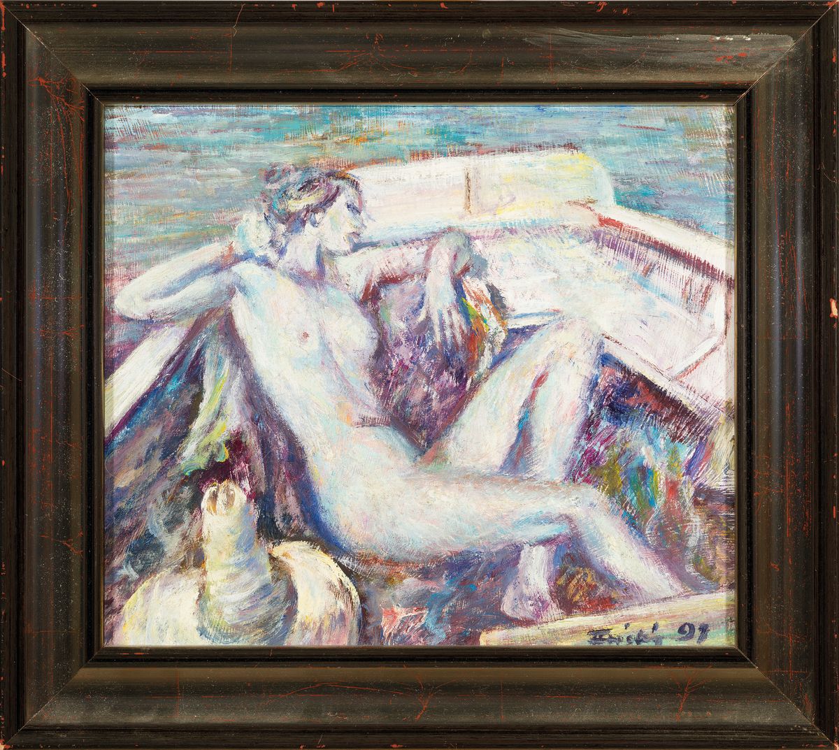 Detail k: Florian Frieling, 1939 Leverkusen-1994 Deidesheim, pfälzer Künstler der klassischenModerne, 1969 Nancy-Preis, weiblicher Akt im Boot, Öl/Platte, ...