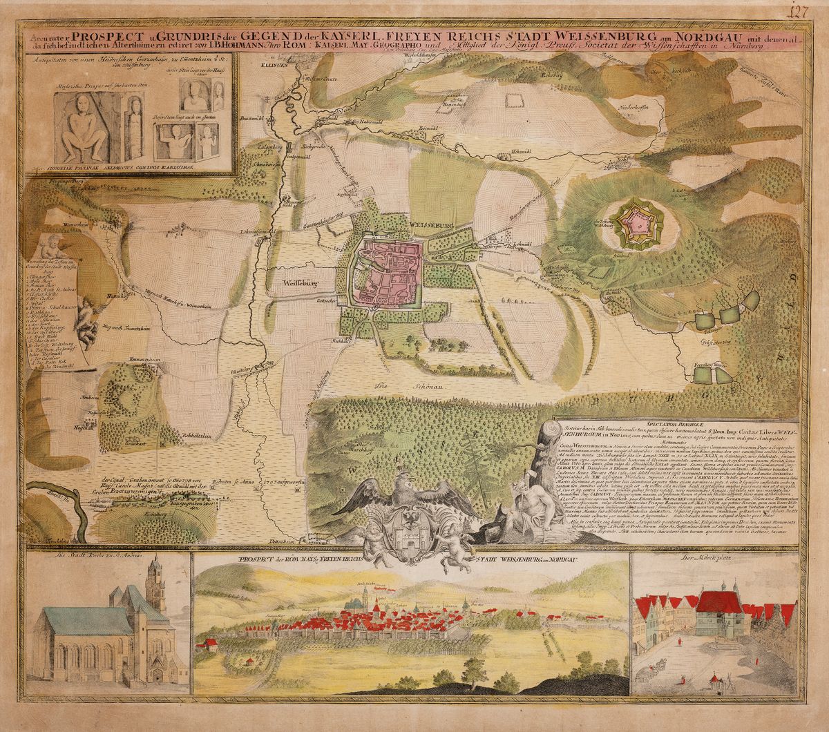 Drei Kupferstiche: Onoltzbach/Ansbach von Merian, Weißenburg/Bayern mit Festung Wülzburg, Pegnitzlauf in Nürnberg, 17./18.Jh., Matthäus Merian: ...