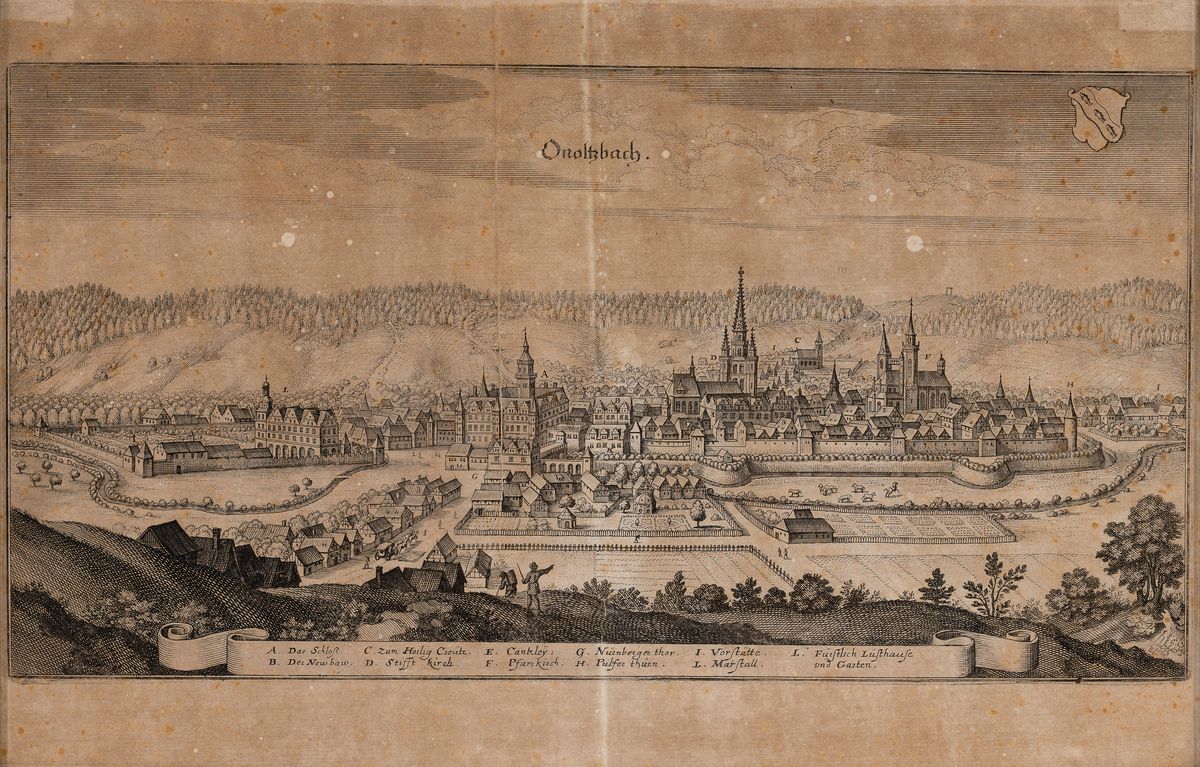 Detail a: Drei Kupferstiche: Onoltzbach/Ansbach von Merian, Weißenburg/Bayern mit Festung Wülzburg, Pegnitzlauf in Nürnberg, 17./18.Jh., Matthäus Merian: ...
