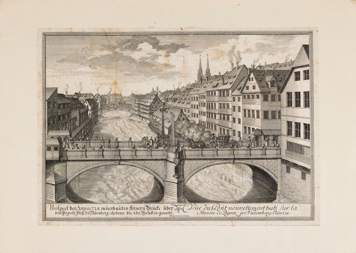 Detail b: Drei Kupferstiche: Onoltzbach/Ansbach von Merian, Weißenburg/Bayern mit Festung Wülzburg, Pegnitzlauf in Nürnberg, 17./18.Jh., Matthäus Merian: ...