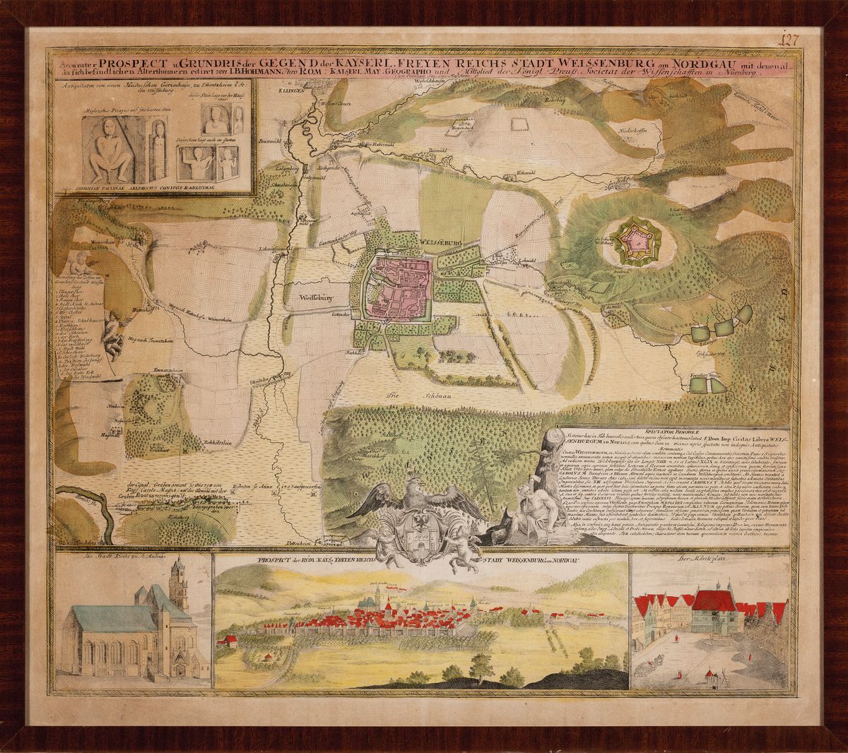 Detail k: Drei Kupferstiche: Onoltzbach/Ansbach von Merian, Weißenburg/Bayern mit Festung Wülzburg, Pegnitzlauf in Nürnberg, 17./18.Jh., Matthäus Merian: ...