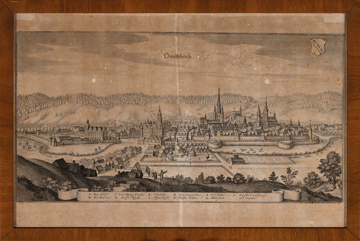 Detail l: Drei Kupferstiche: Onoltzbach/Ansbach von Merian, Weißenburg/Bayern mit Festung Wülzburg, Pegnitzlauf in Nürnberg, 17./18.Jh., Matthäus Merian: ...