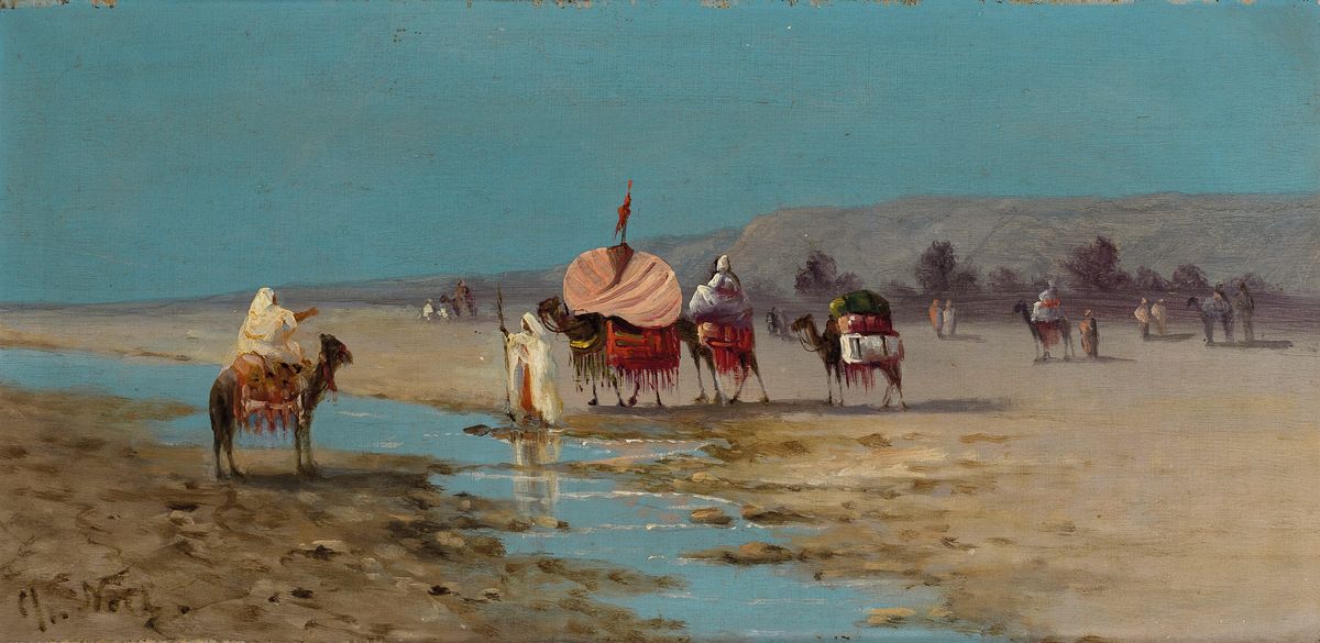 Ch. Noel, Orientalist des ausgehenden 19. Jh., 2 Pendants: Karawane überquert ein Rinnsal in der Wüste, Beduinenlager mit Zelt, beide Öl/Holz, ...