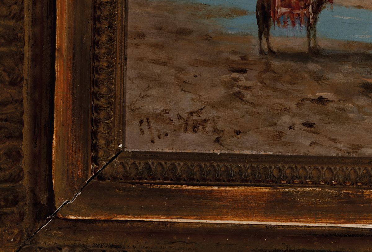 Detail a: Ch. Noel, Orientalist des ausgehenden 19. Jh., 2 Pendants: Karawane überquert ein Rinnsal in der Wüste, Beduinenlager mit Zelt, beide Öl/Holz, ...