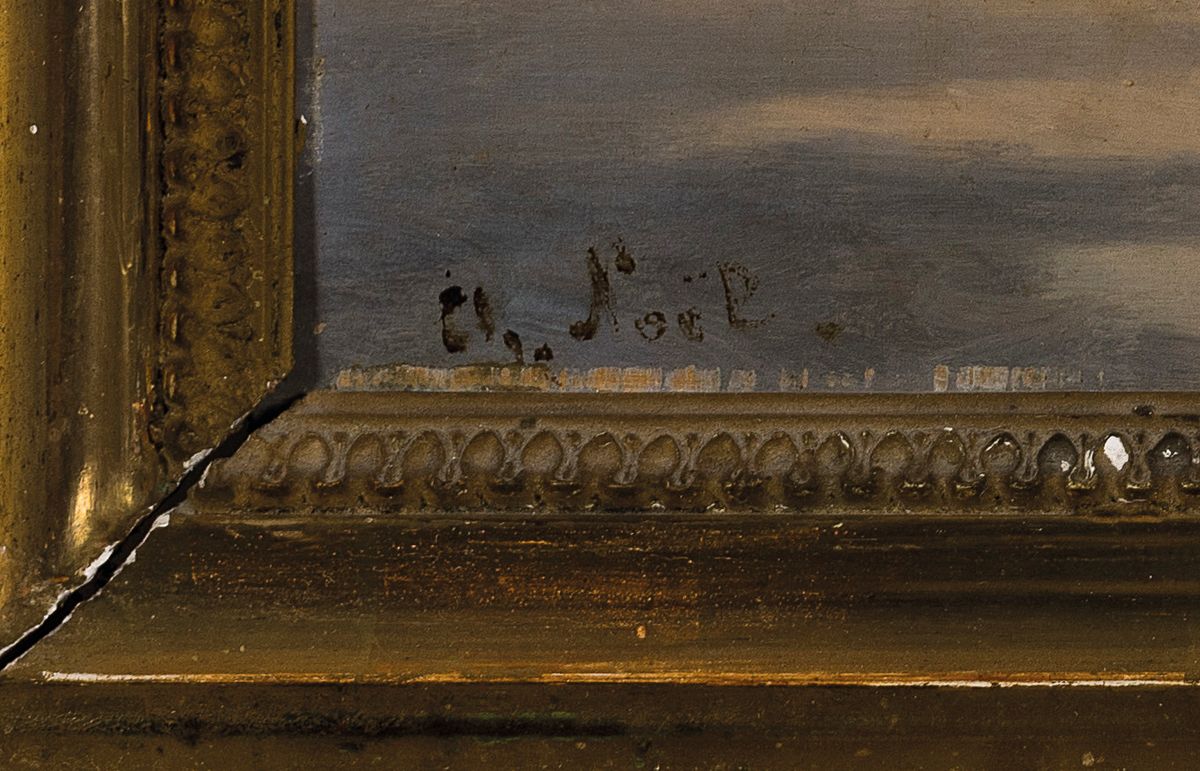 Detail b: Ch. Noel, Orientalist des ausgehenden 19. Jh., 2 Pendants: Karawane überquert ein Rinnsal in der Wüste, Beduinenlager mit Zelt, beide Öl/Holz, ...