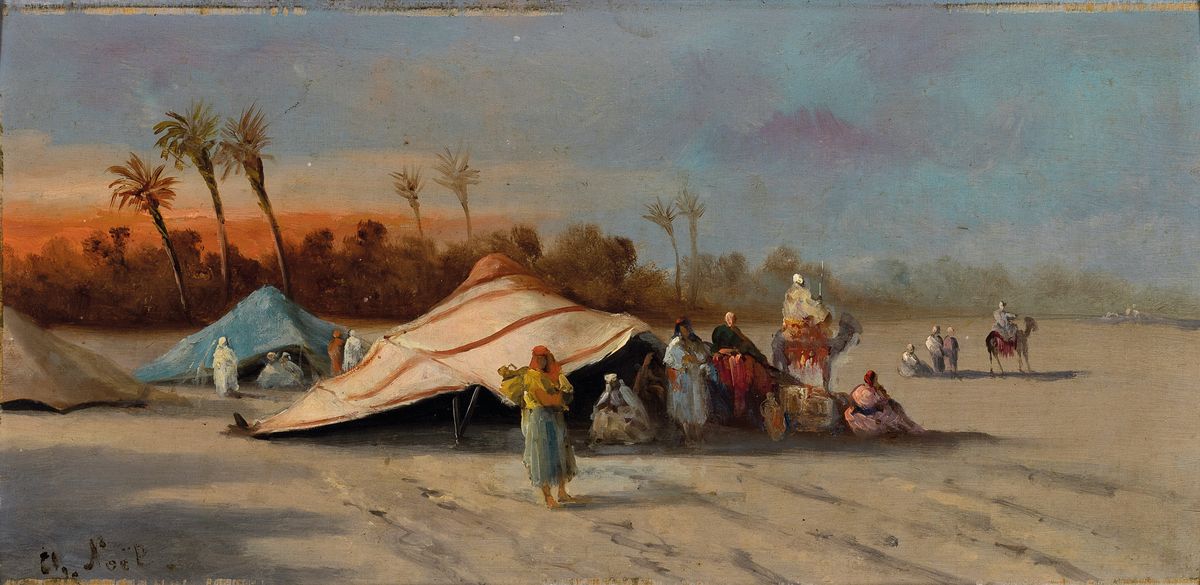 Detail c: Ch. Noel, Orientalist des ausgehenden 19. Jh., 2 Pendants: Karawane überquert ein Rinnsal in der Wüste, Beduinenlager mit Zelt, beide Öl/Holz, ...