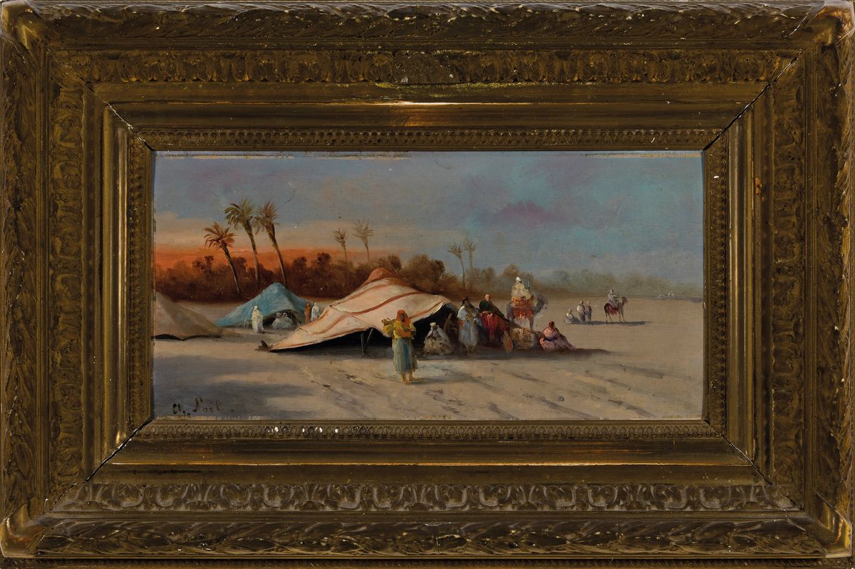 Detail n: Ch. Noel, Orientalist des ausgehenden 19. Jh., 2 Pendants: Karawane überquert ein Rinnsal in der Wüste, Beduinenlager mit Zelt, beide Öl/Holz, ...