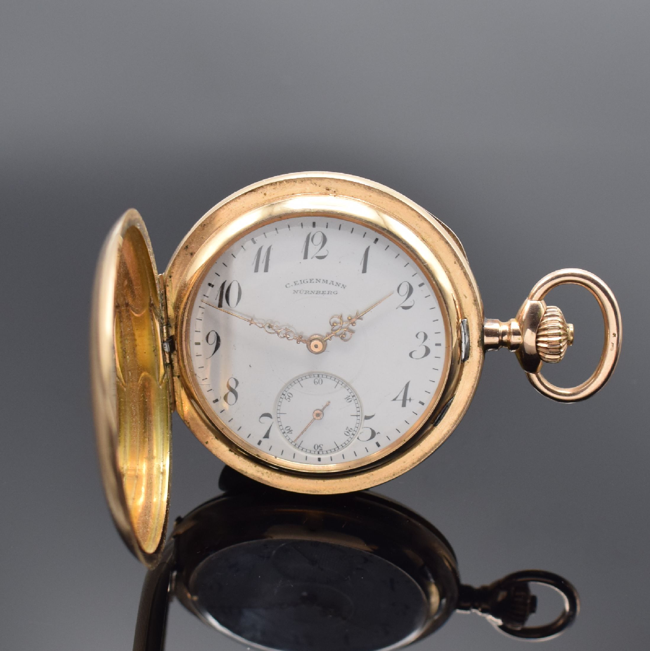 C. EIGENMANN NÜRNBERG Savonette Herrentaschenuhr in RG 585/000, Schweiz/Deutschland um 1908, guill. 3-Deckel Goldgeh. l. dell., Sprungdeckel m. ...