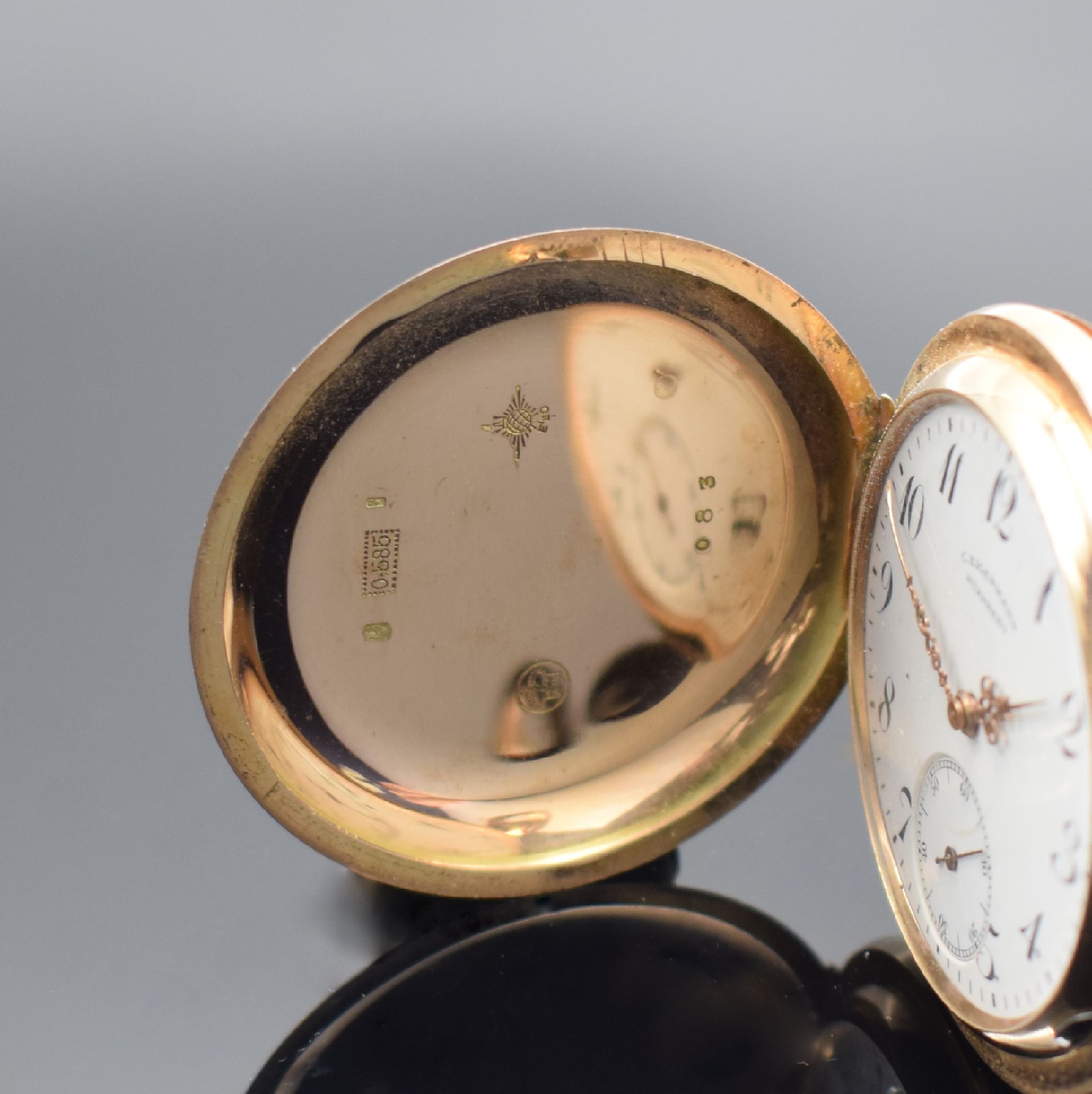 Detail a: C. EIGENMANN NÜRNBERG Savonette Herrentaschenuhr in RG 585/000, Schweiz/Deutschland um 1908, guill. 3-Deckel Goldgeh. l. dell., Sprungdeckel m. ...