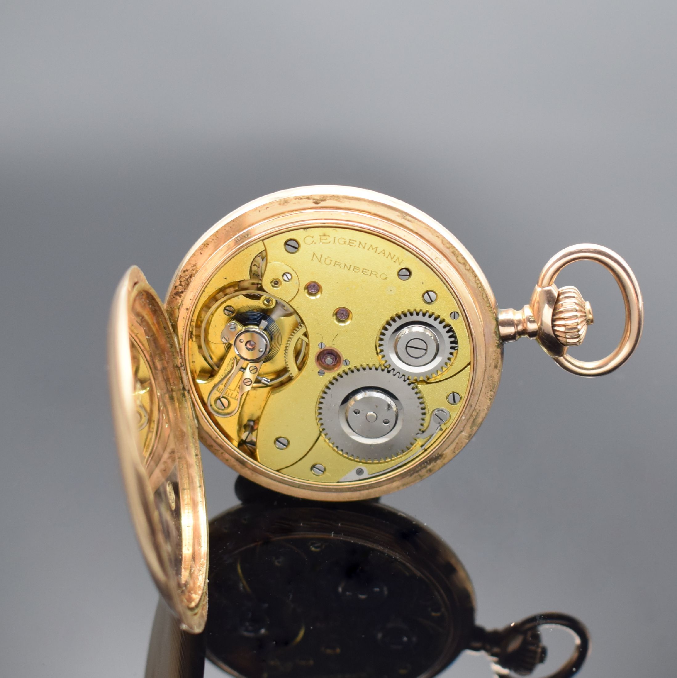 Detail g: C. EIGENMANN NÜRNBERG Savonette Herrentaschenuhr in RG 585/000, Schweiz/Deutschland um 1908, guill. 3-Deckel Goldgeh. l. dell., Sprungdeckel m. ...